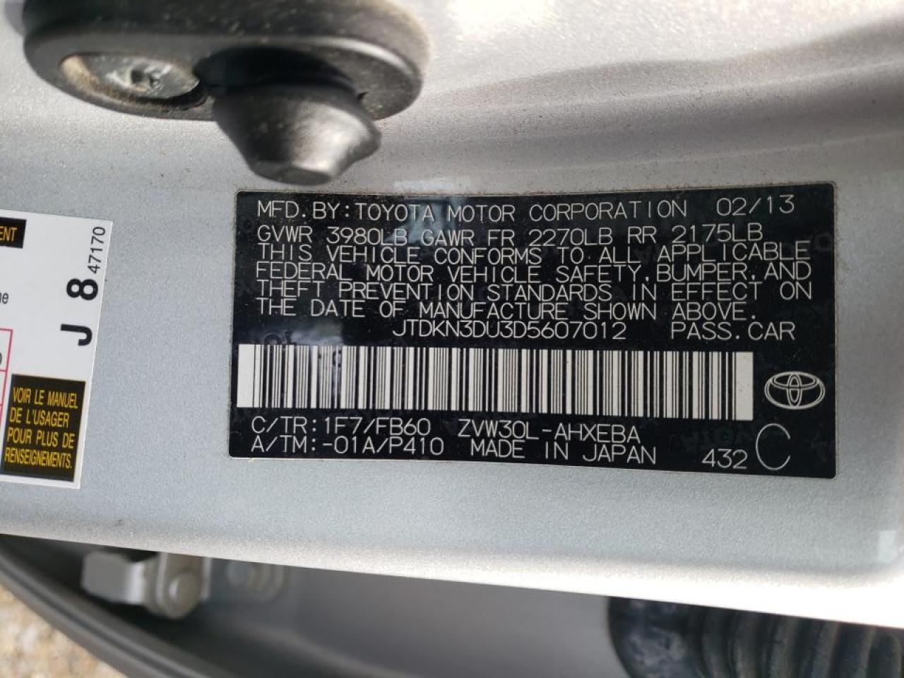 Photo 10 from auction – 2013 TOYOTA PRIUS with VIN JTDKN3DU3D5607012