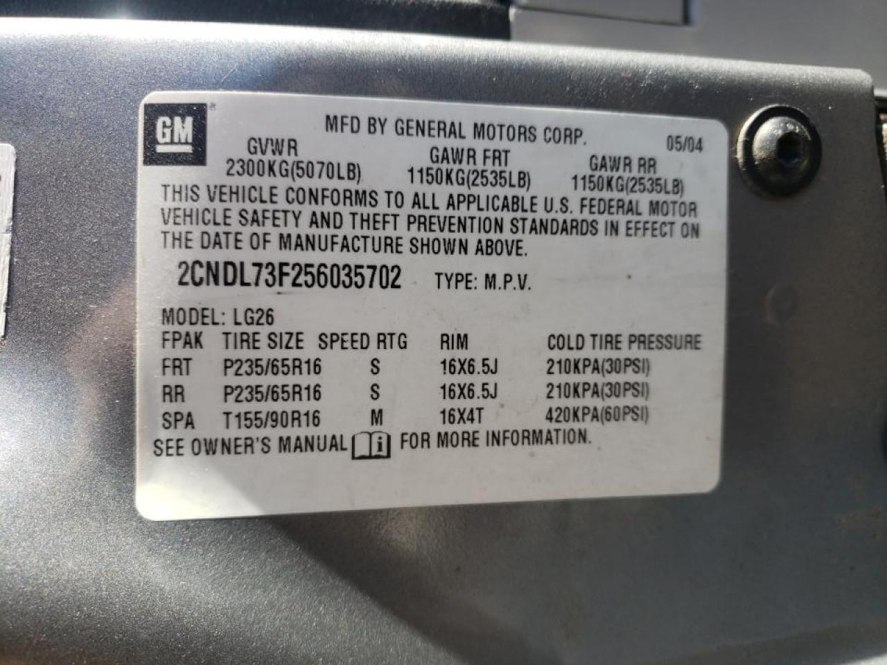 Photo 10 from auction – 2005 CHEVROLET EQUINOX LT with VIN 2CNDL73F256035702