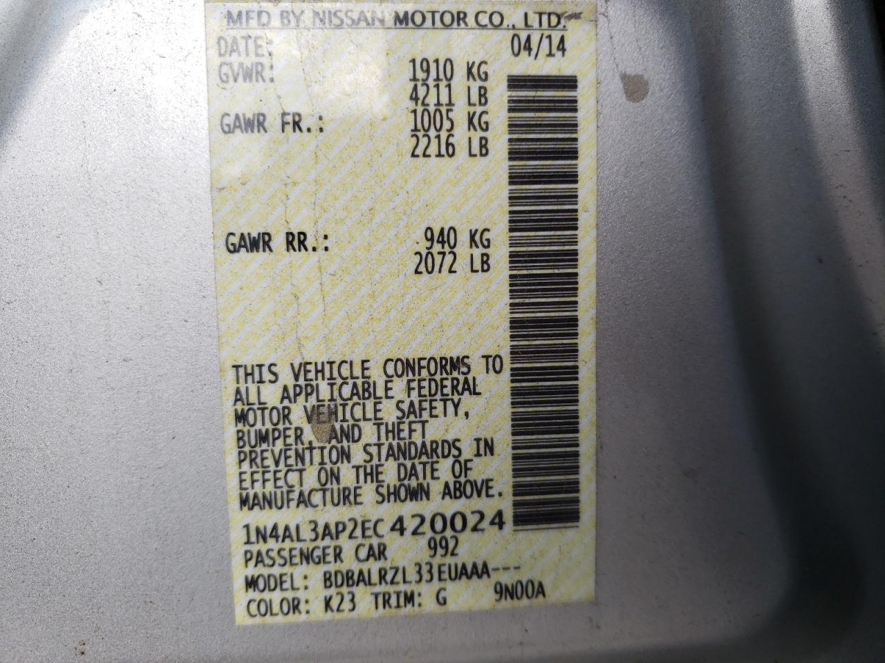 Photo 10 from auction – 2014 NISSAN ALTIMA 2.5 with VIN 1N4AL3AP2EC420024