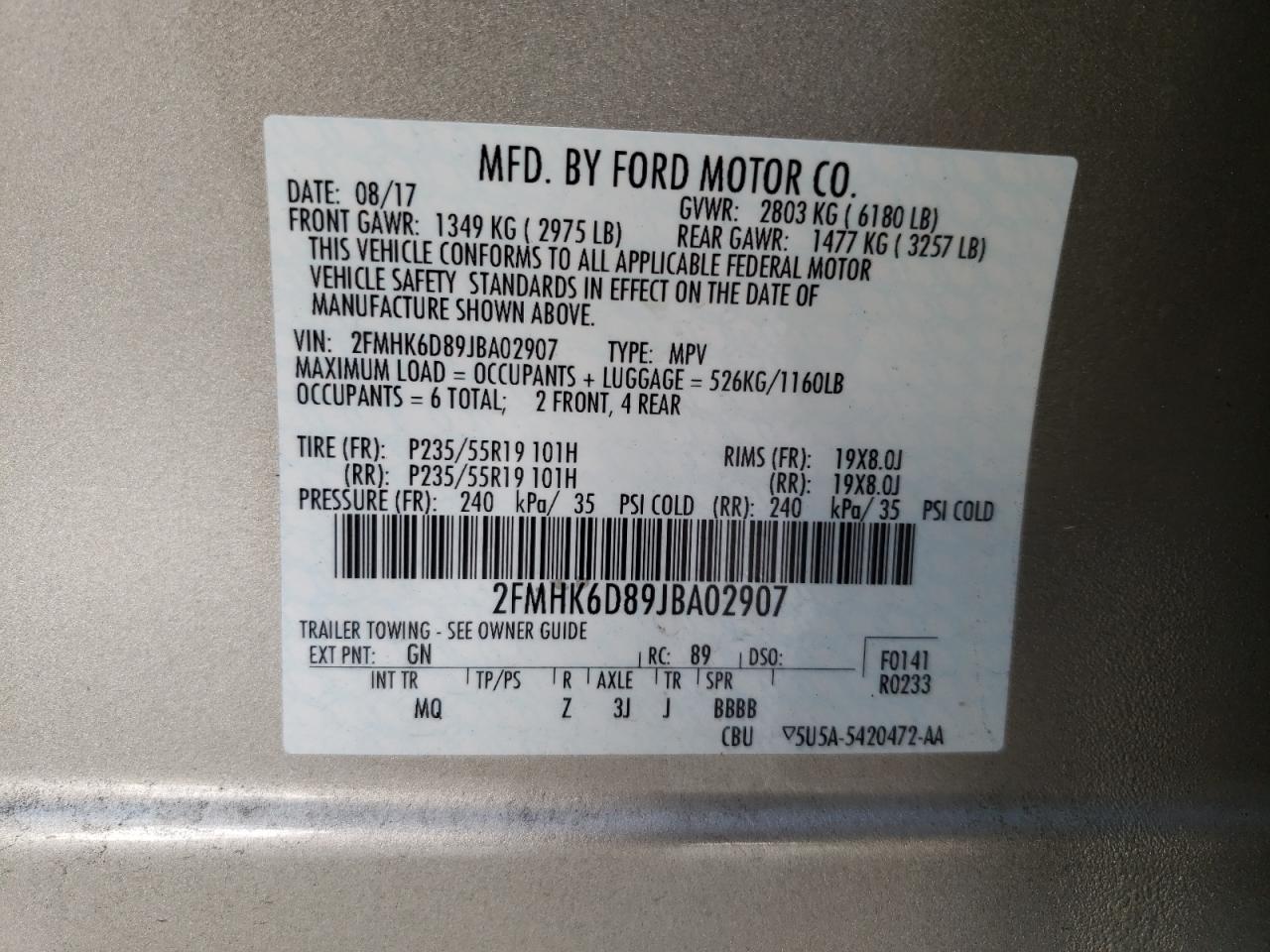 Photo 10 from auction – 2018 FORD FLEX with VIN 2FMHK6D89JBA02907