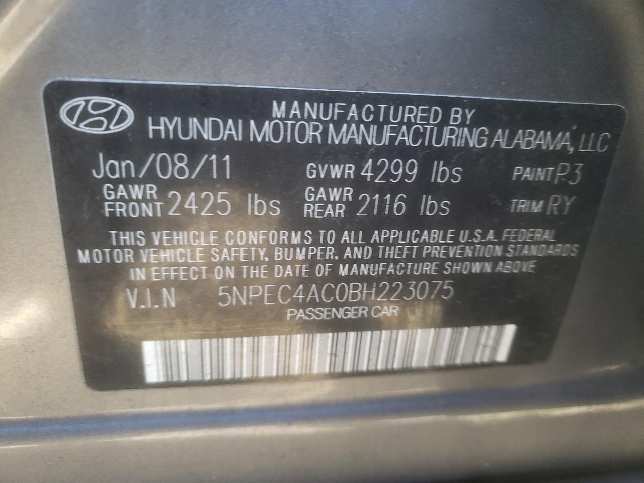Photo 10 from auction – 2011 HYUNDAI SONATA SE with VIN 5NPEC4AC0BH223075