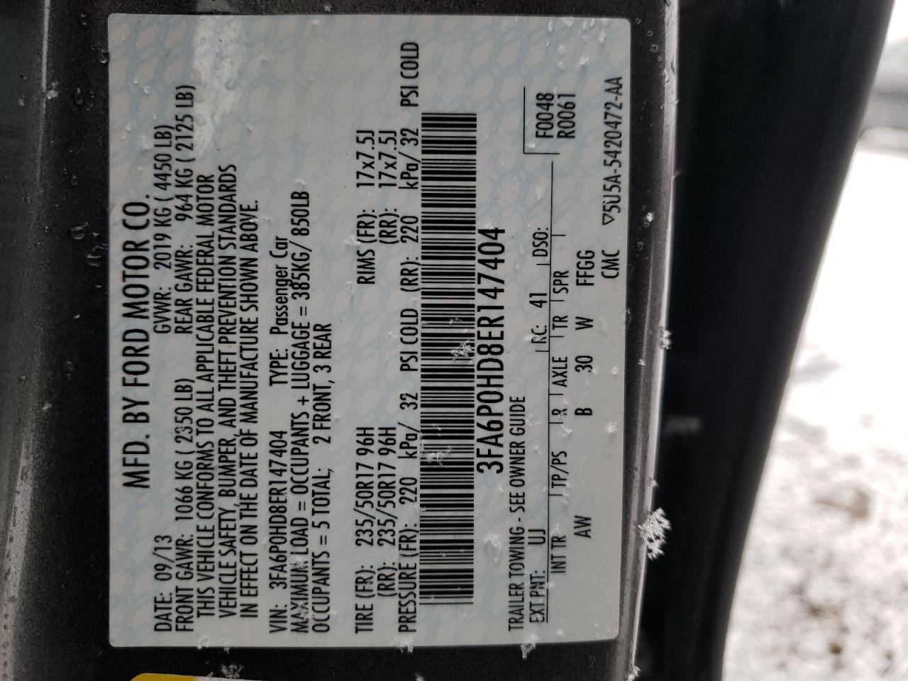 Photo 10 from auction – 2014 FORD FUSION SE with VIN 3FA6P0HD8ER147404