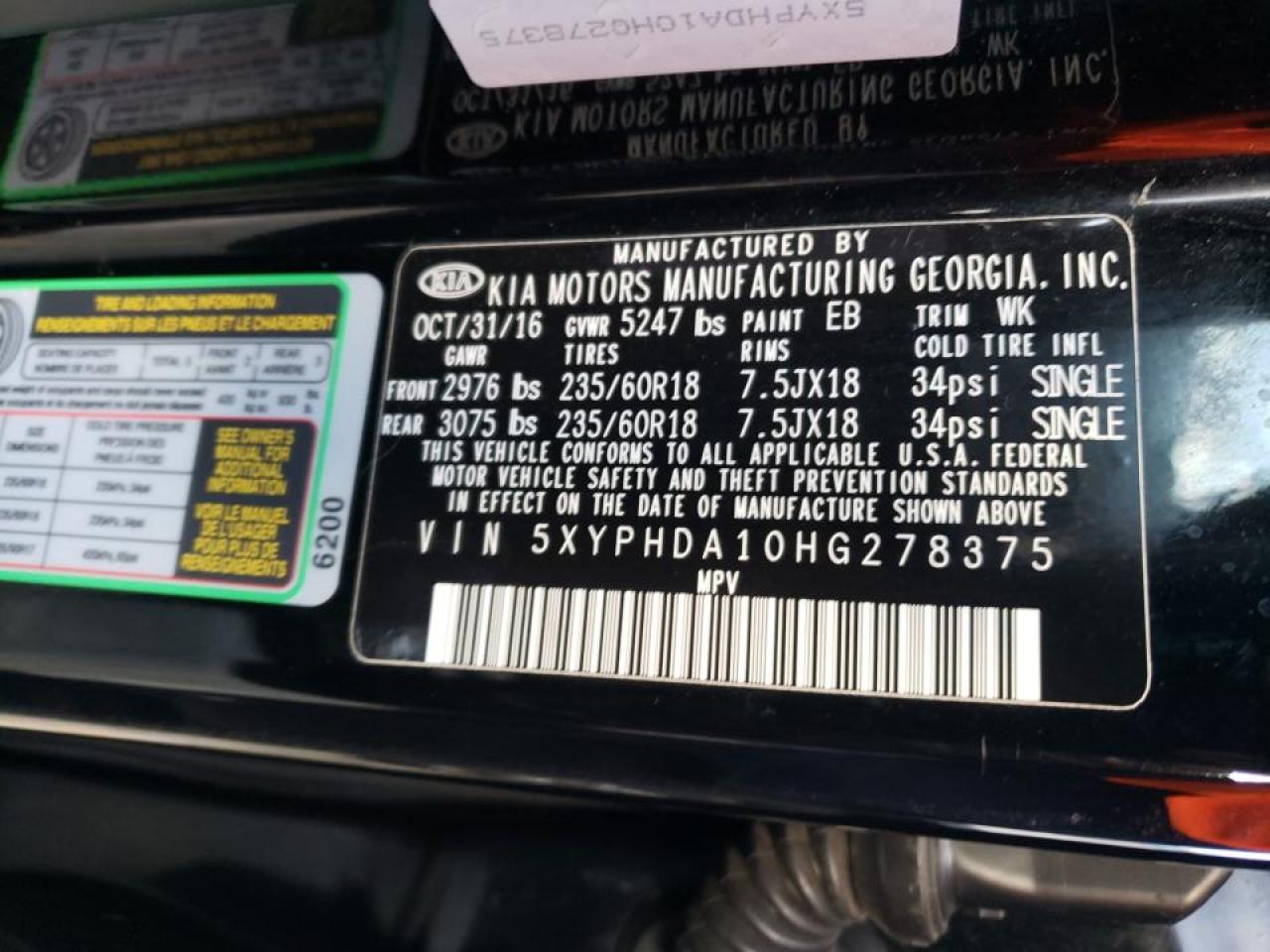 Photo 10 from auction – 2017 KIA SORENTO EX with VIN 5XYPHDA10HG278375