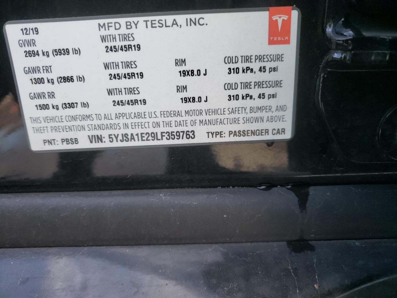 Photo 10 from auction – 2020 TESLA MODEL S with VIN 5YJSA1E29LF359763