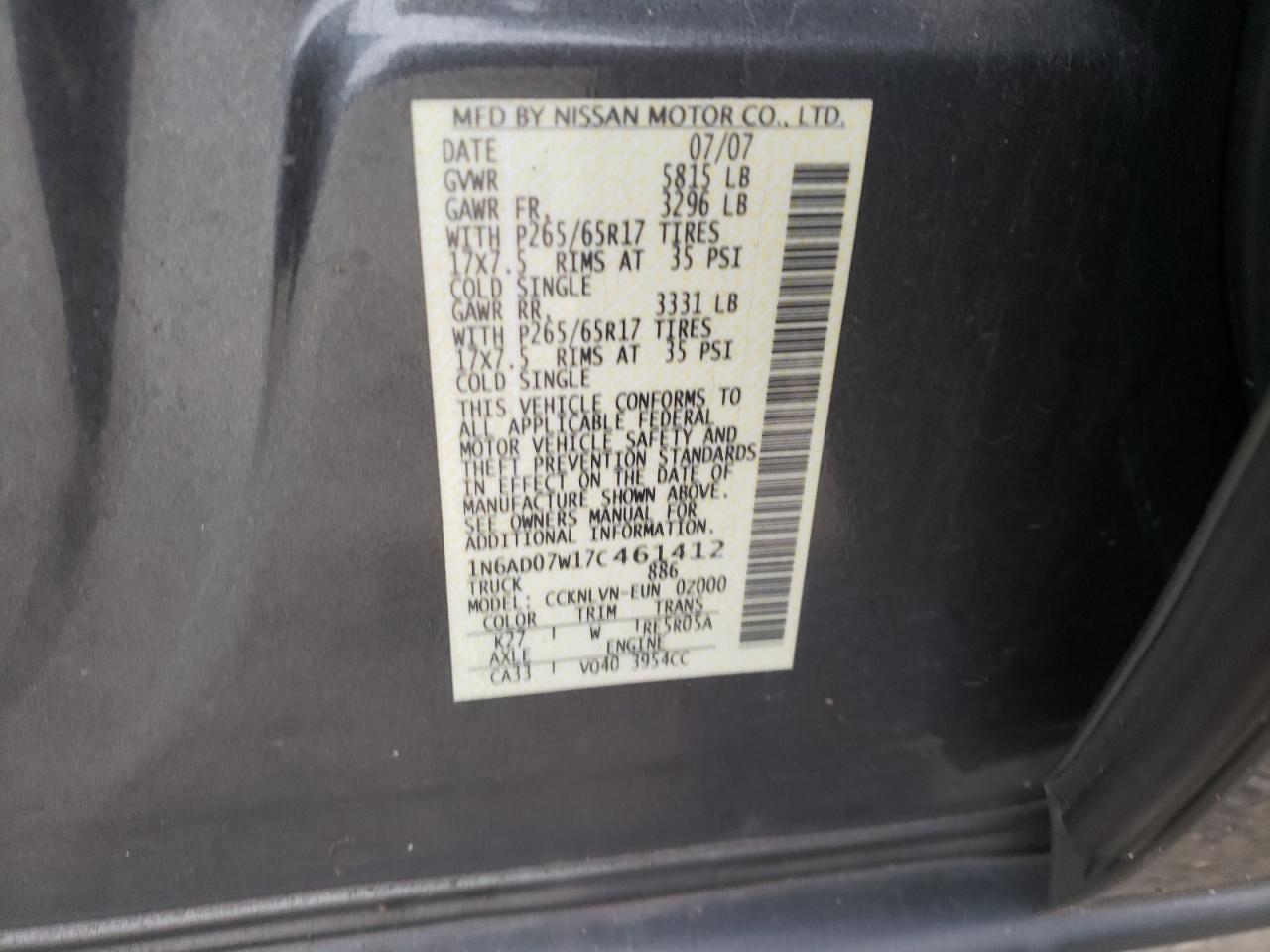 Photo 10 from auction – 2007 NISSAN FRONTIER C with VIN 1N6AD07W17C461412