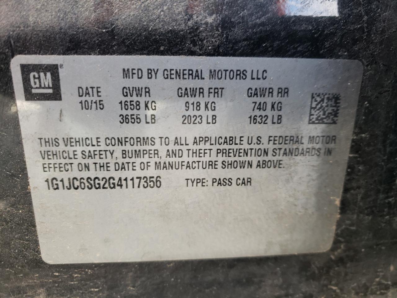 Photo 10 from auction – 2016 CHEVROLET SONIC LT with VIN 1G1JC6SG2G4117356