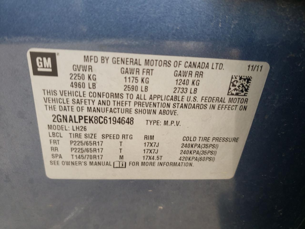 Photo 10 from auction – 2012 CHEVROLET EQUINOX with VIN 2GNALPEK8C6194648