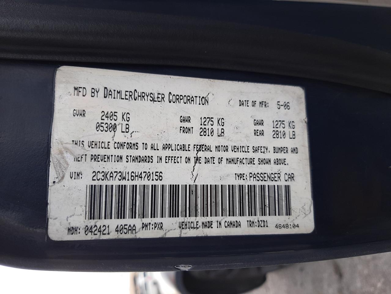 Photo 10 from auction – 2006 CHRYSLER 300 with VIN 2C3KA73W16H470156
