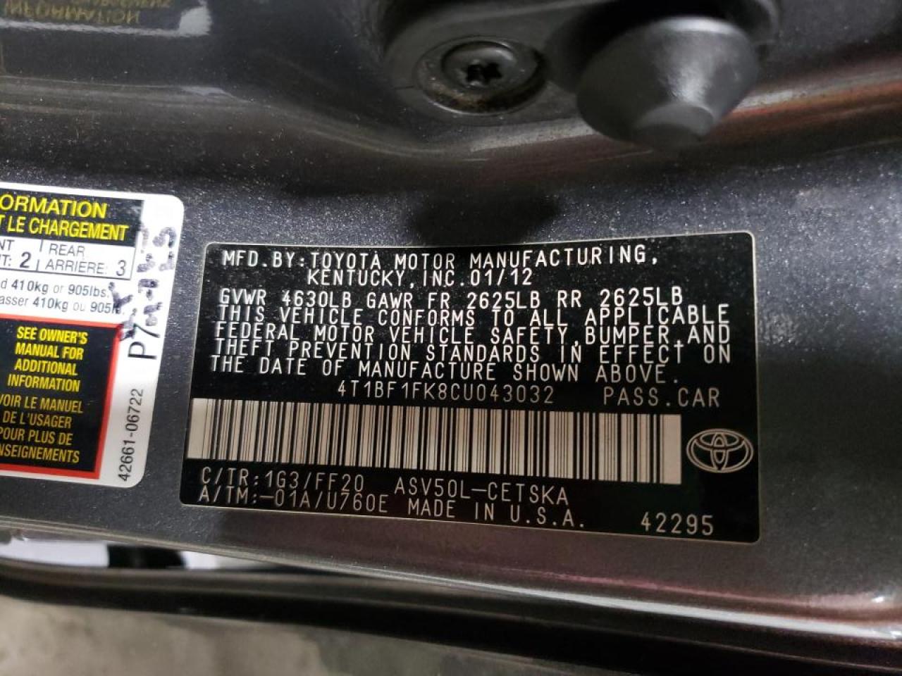 Photo 10 from auction – 2012 TOYOTA CAMRY BASE with VIN 4T1BF1FK8CU043032