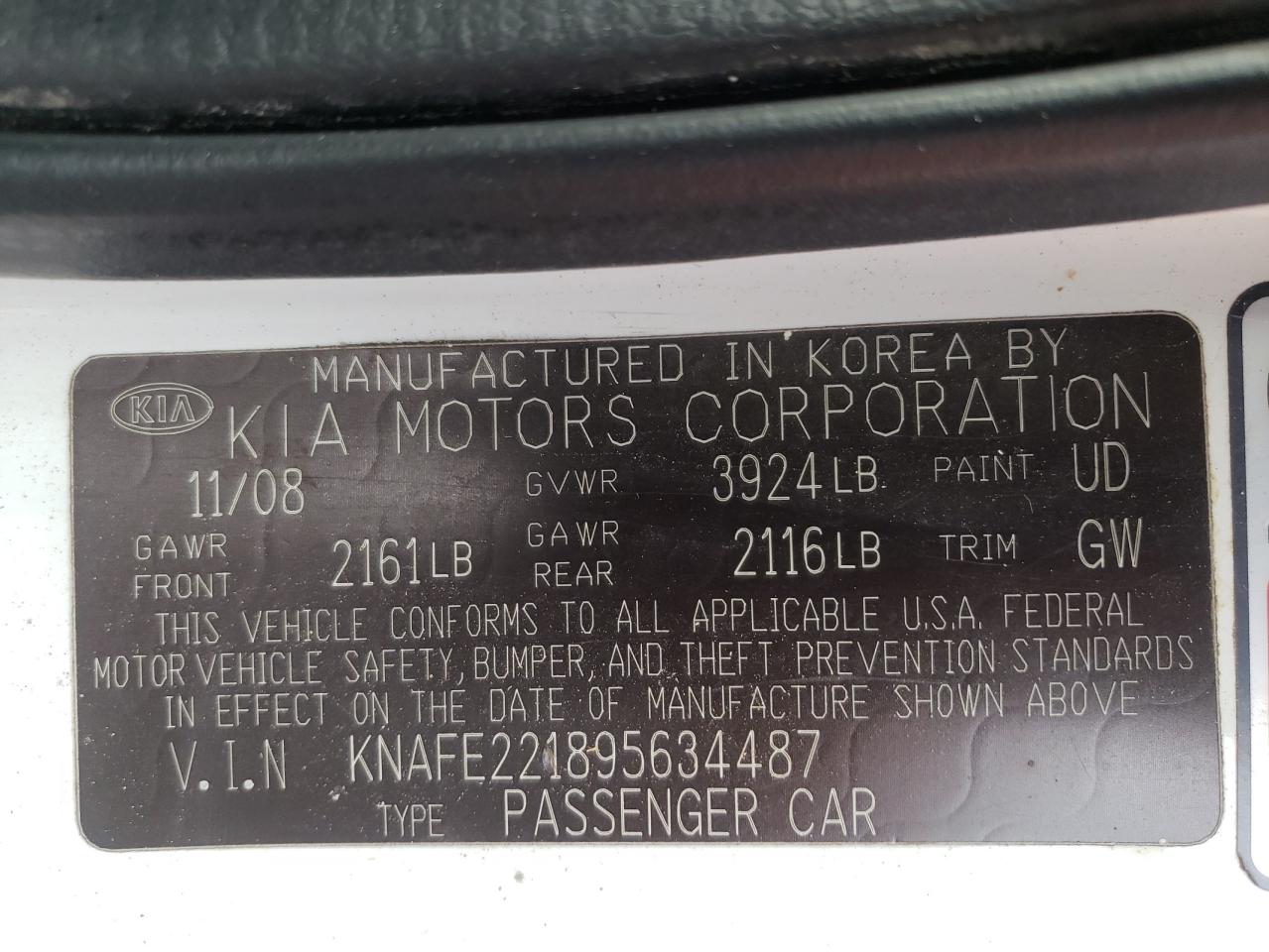 Photo 10 from auction – 2009 KIA SPECTRA EX with VIN KNAFE221895634487