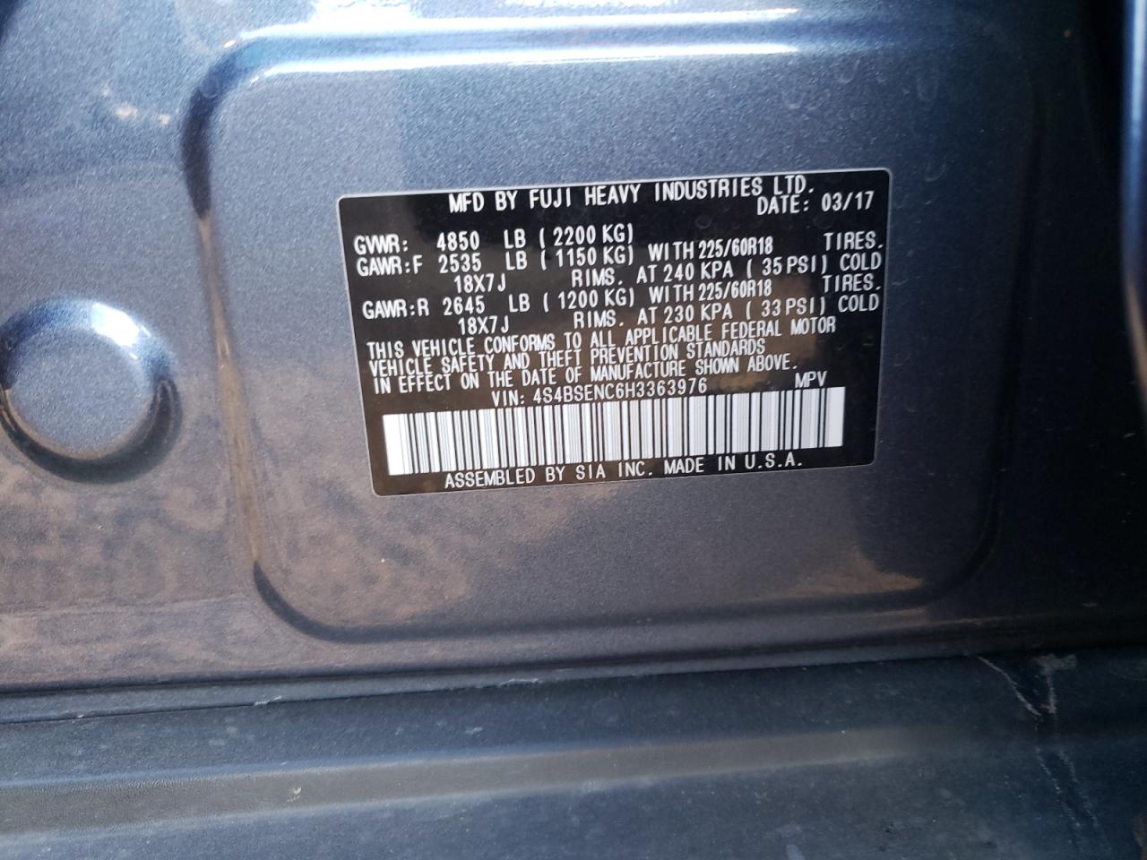 Photo 10 from auction – 2017 SUBARU OUTBACK 3. with VIN 4S4BSENC6H3363976