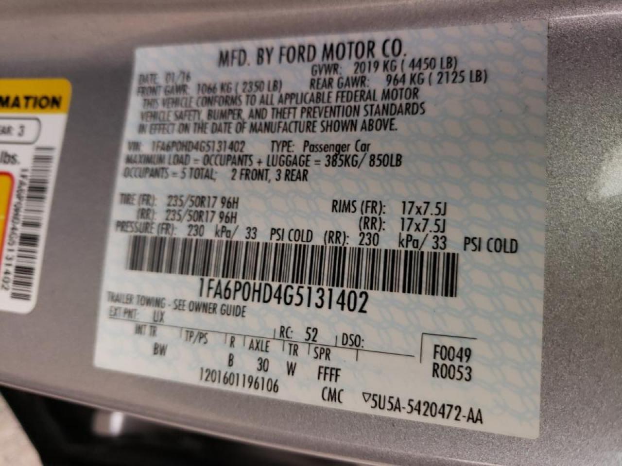 Photo 10 from auction – 2016 FORD FUSION SE with VIN 1FA6P0HD4G5131402
