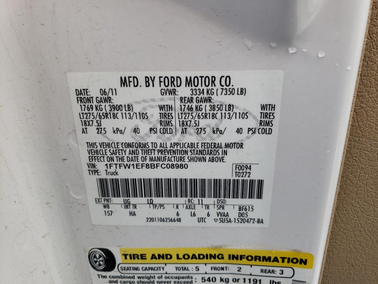 Photo 10 from auction – 2011 FORD F150 SUPER with VIN 1FTFW1EF8BFC08980