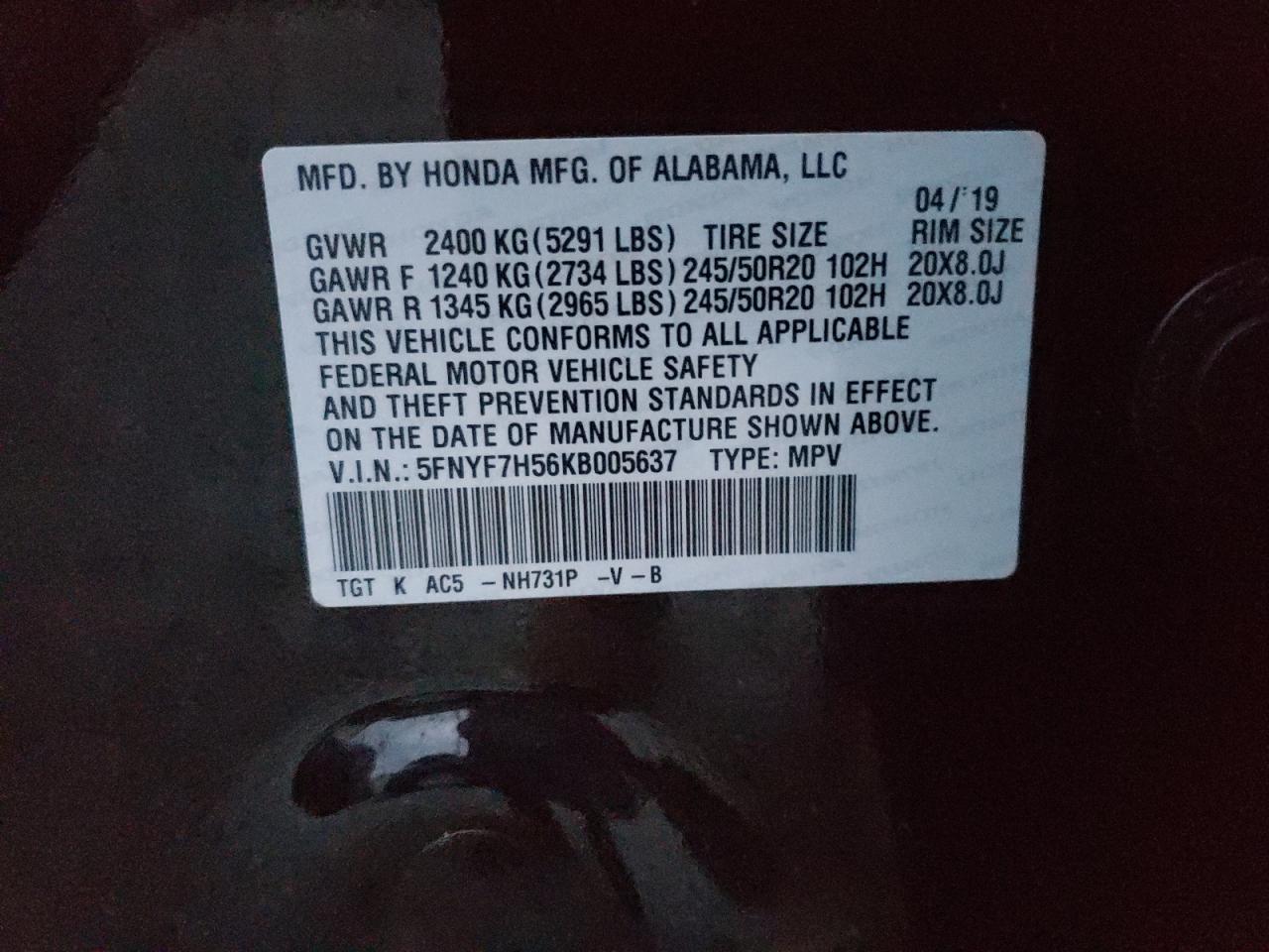 Photo 10 from auction – 2019 HONDA PASSPORT E with VIN 5FNYF7H56KB005637