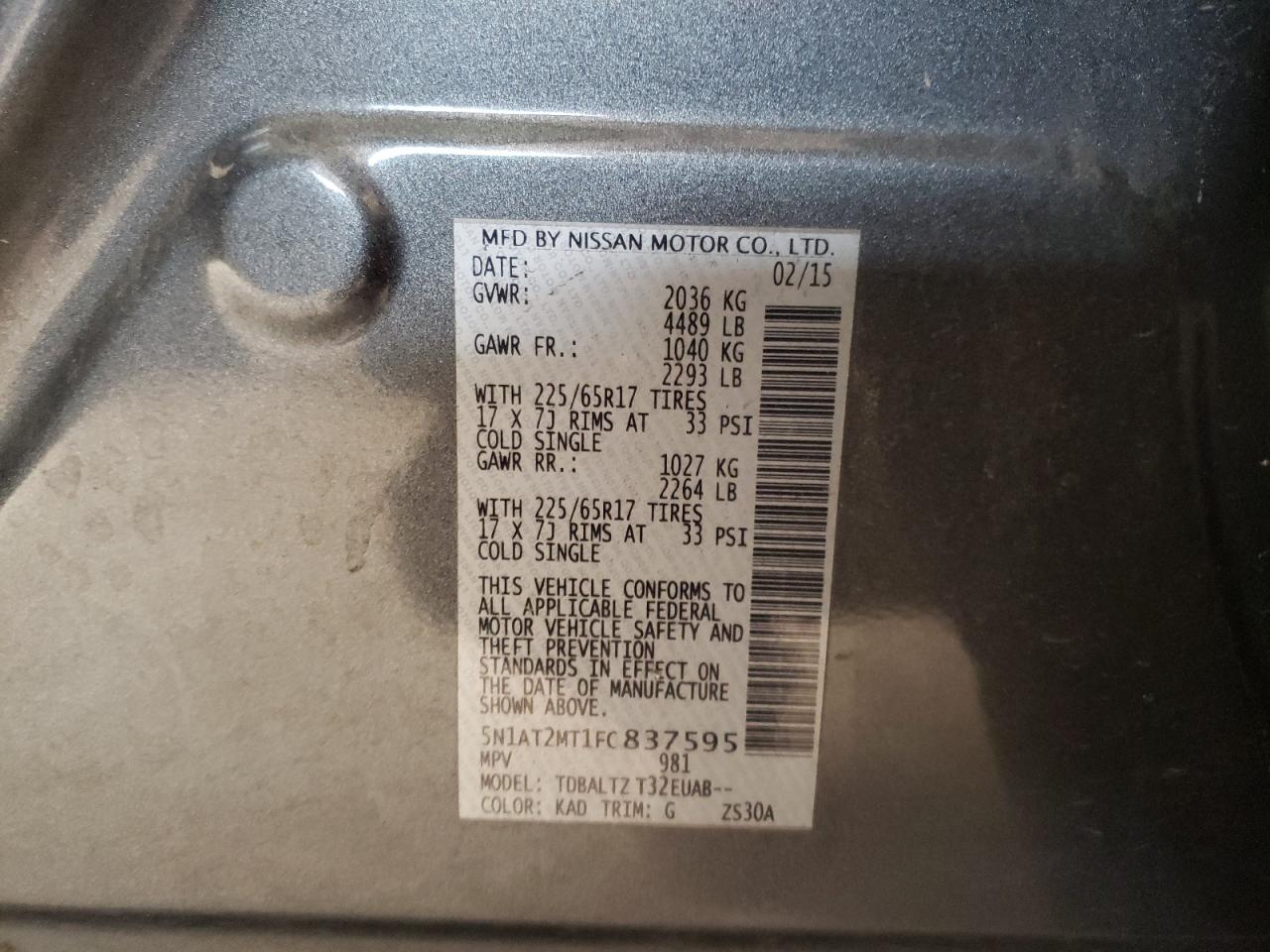 Photo 10 from auction – 2015 NISSAN ROGUE S with VIN 5N1AT2MT1FC837595
