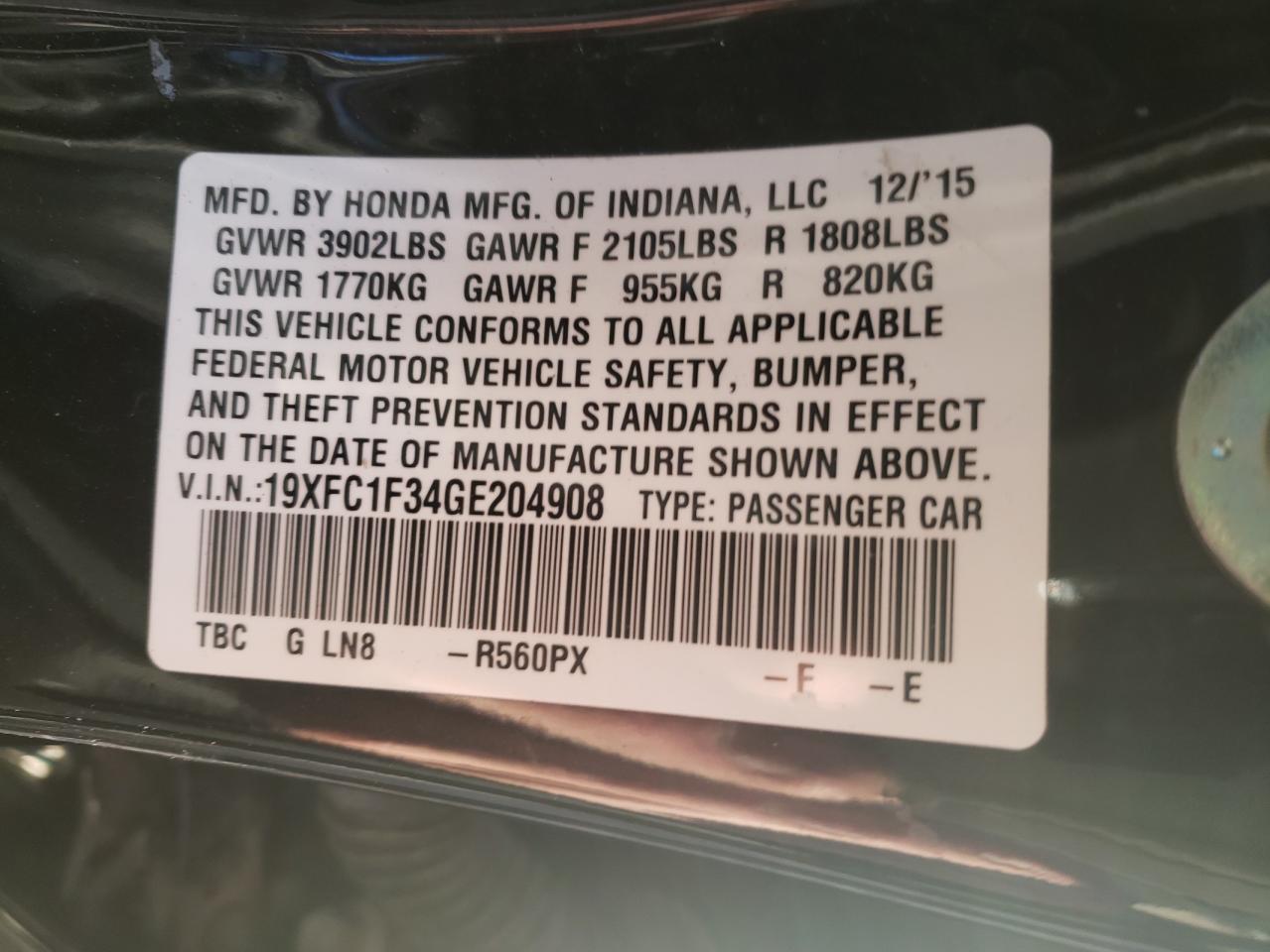 Photo 10 from auction – 2016 HONDA CIVIC EX with VIN 19XFC1F34GE204908