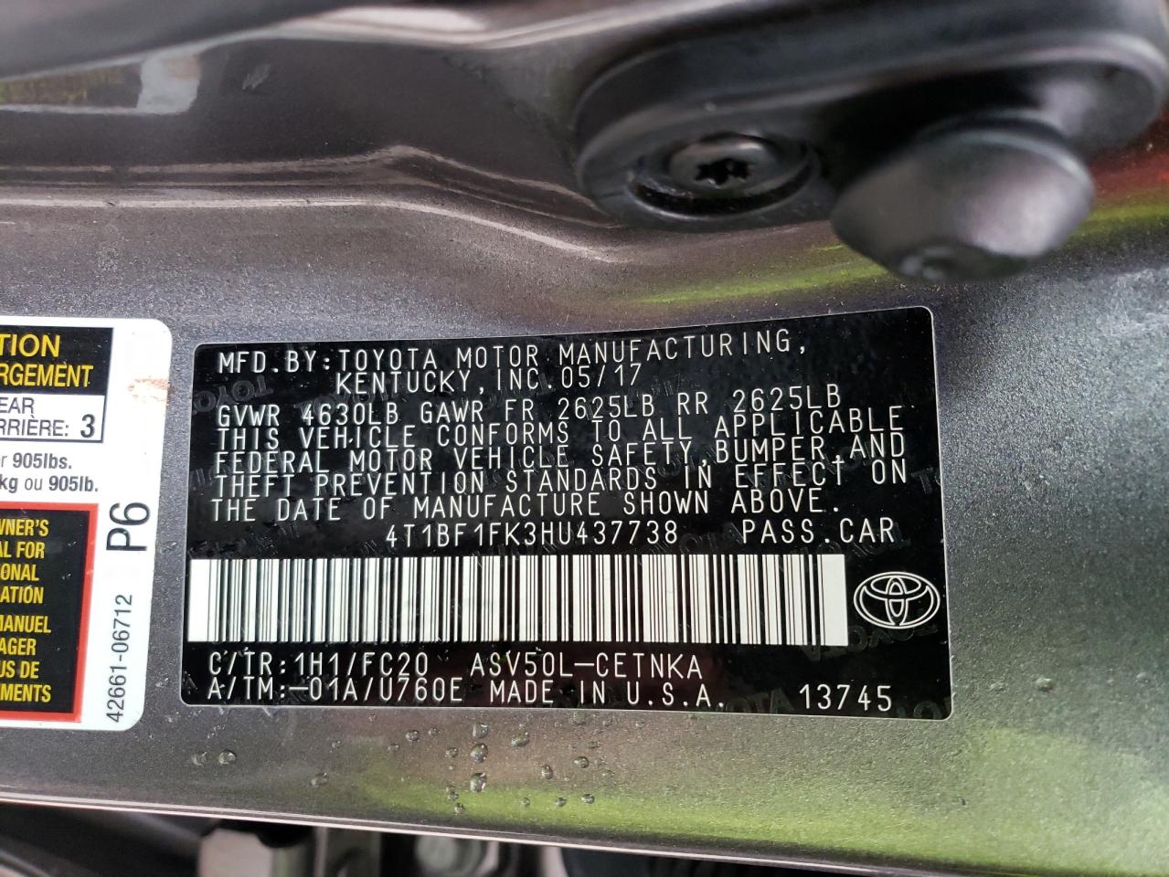 Photo 10 from auction – 2017 TOYOTA CAMRY LE with VIN 4T1BF1FK3HU437738