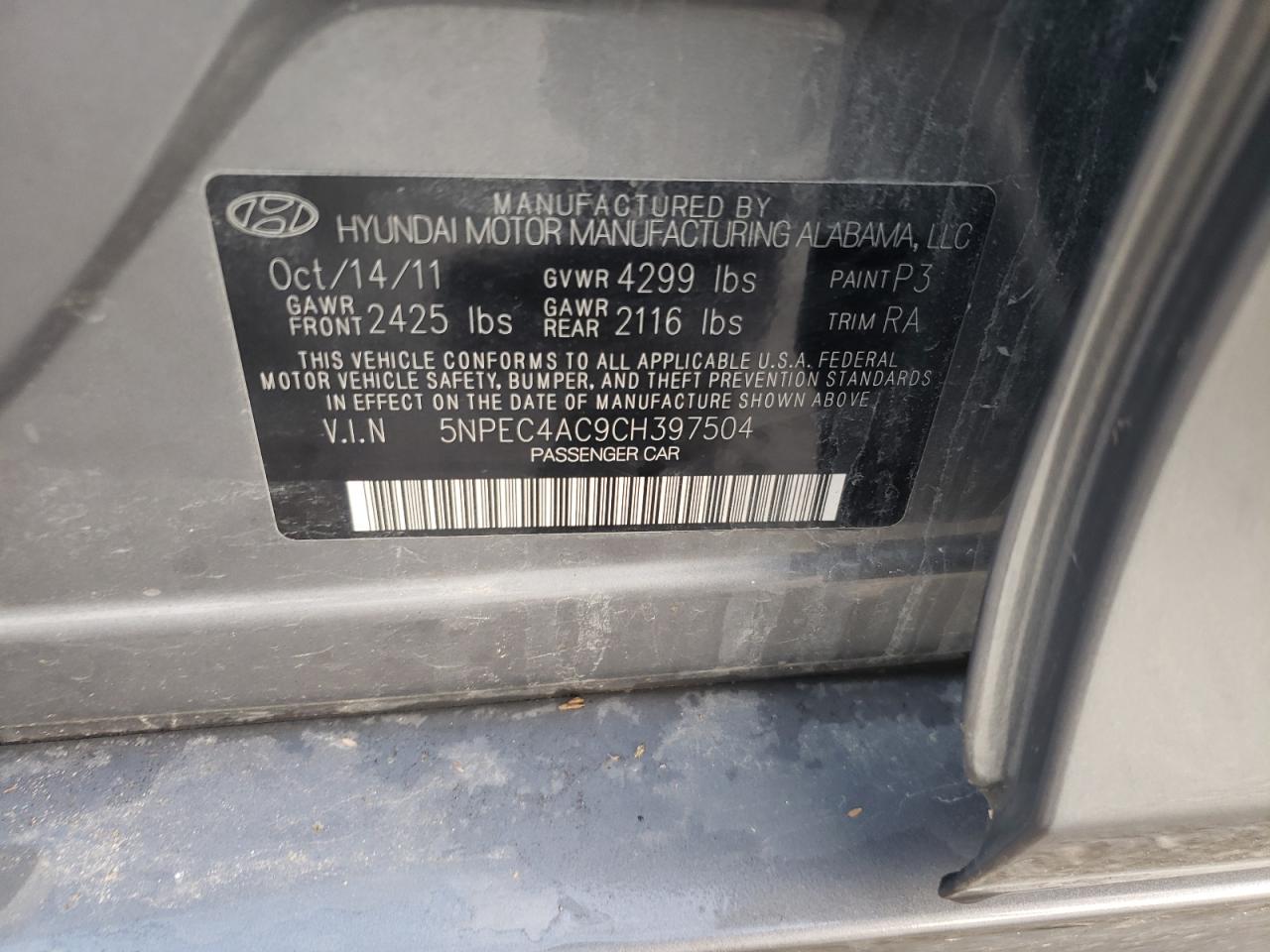 Photo 10 from auction – 2012 HYUNDAI SONATA SE with VIN 5NPEC4AC9CH397504