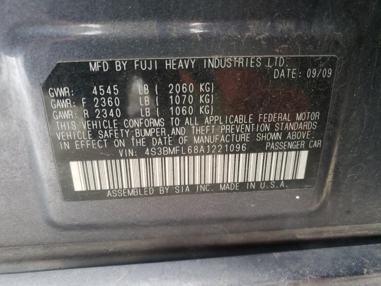 Photo 10 from auction – 2010 SUBARU LEGACY 2.5 with VIN 4S3BMFL68A1221096