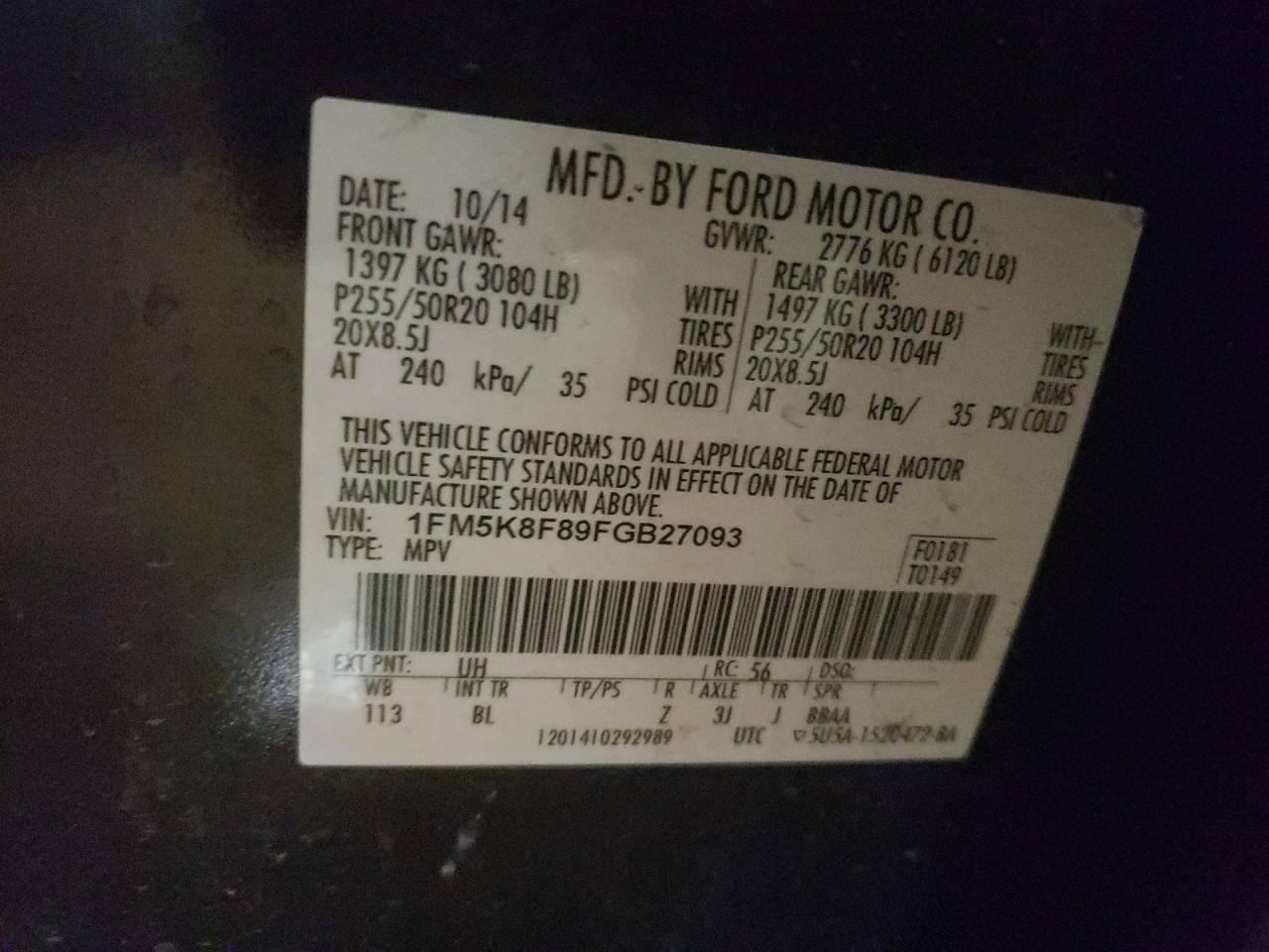 Photo 10 from auction – 2015 FORD EXPLORER L with VIN 1FM5K8F89FGB27093