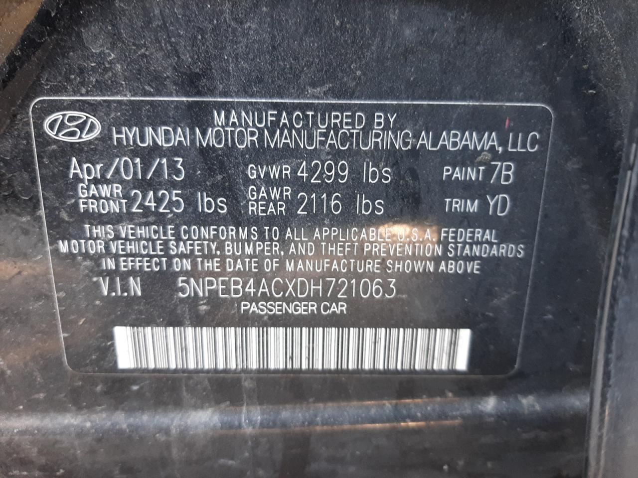 Photo 10 from auction – 2013 HYUNDAI SONATA GLS with VIN 5NPEB4ACXDH721063