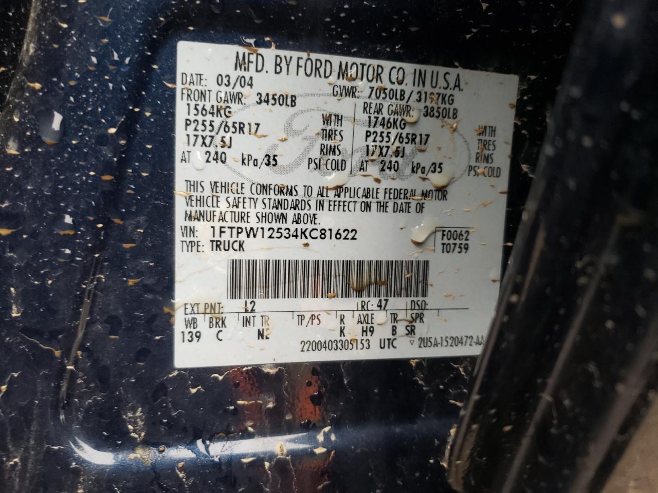 Photo 10 from auction – 2004 FORD F150 with VIN 1FTPW12534KC81622