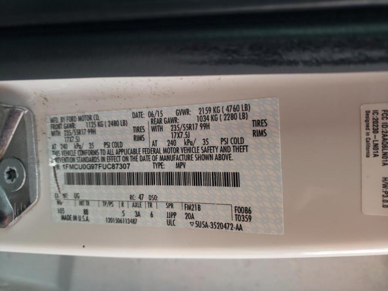 Photo 10 from auction – 2015 FORD ESCAPE SE with VIN 1FMCU0G97FUC87307