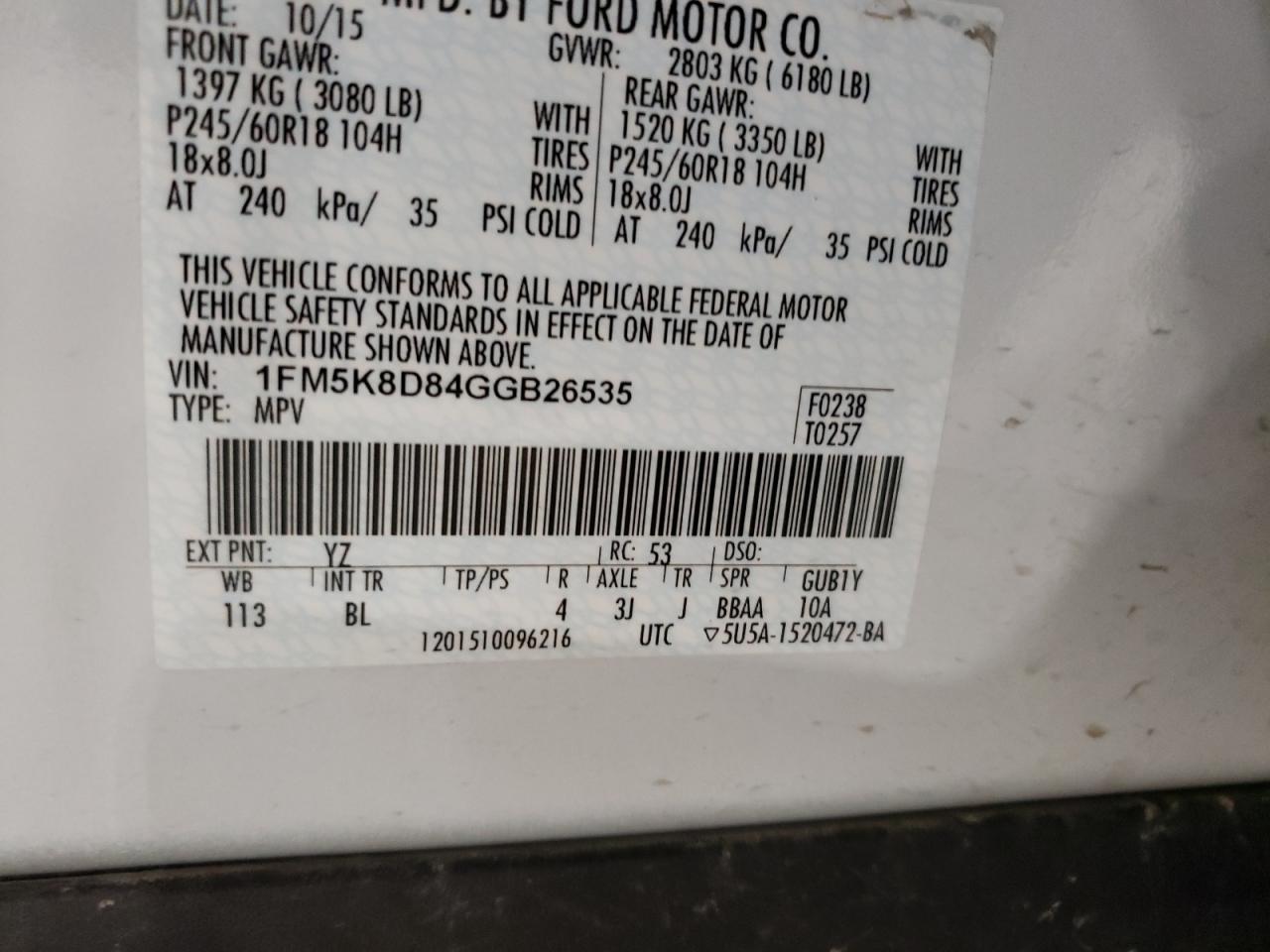Photo 10 from auction – 2016 FORD EXPLORER X with VIN 1FM5K8D84GGB26535