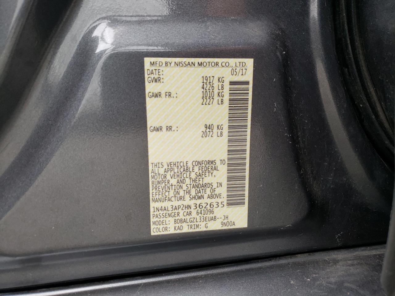 Photo 10 from auction – 2017 NISSAN ALTIMA 2.5 with VIN 1N4AL3AP2HN362635