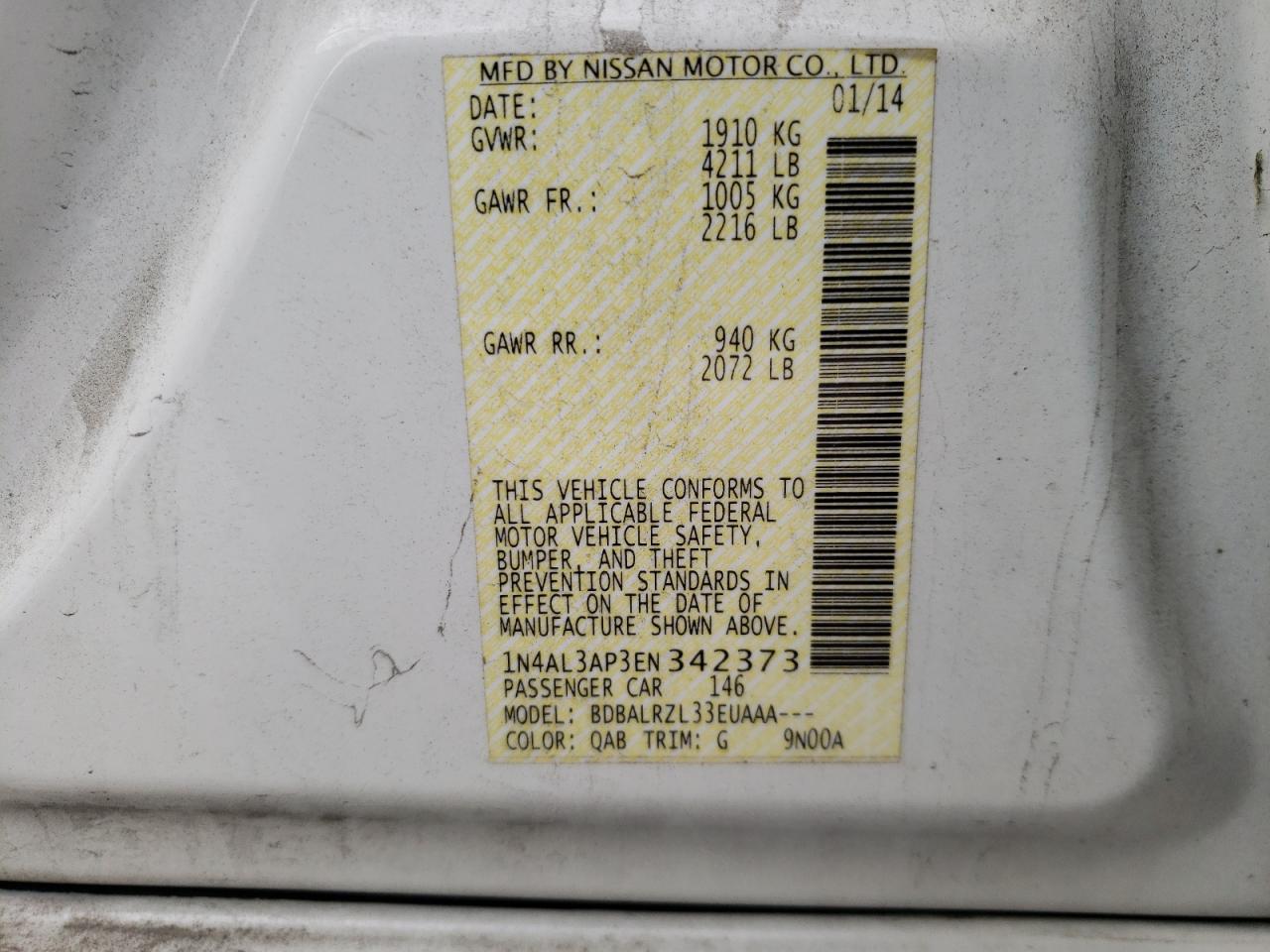 Photo 10 from auction – 2014 NISSAN ALTIMA with VIN 1N4AL3AP3EN342373