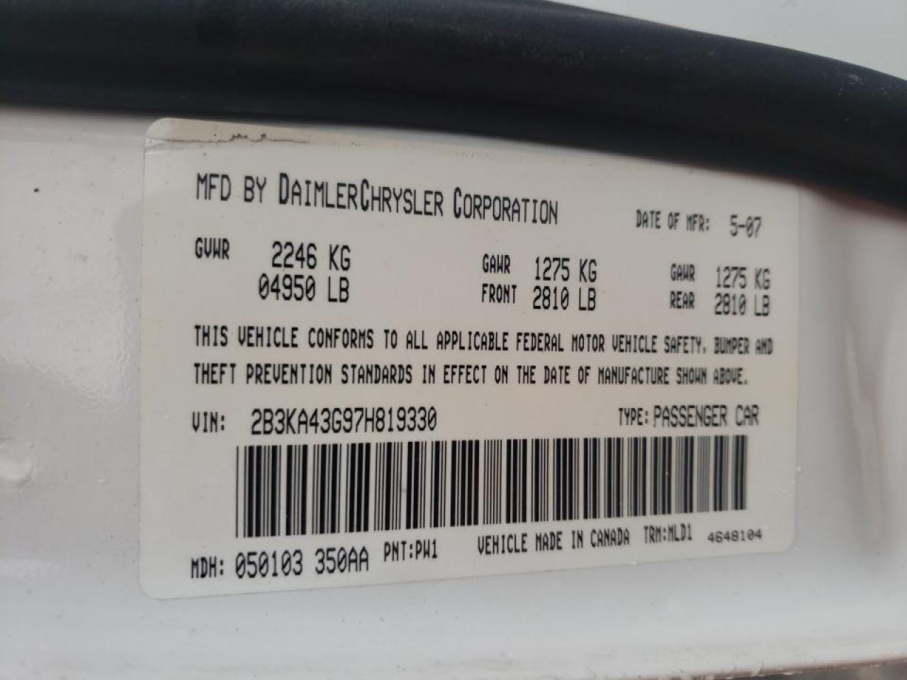 Photo 10 from auction – 2007 DODGE CHARGER SE with VIN 2B3KA43G97H819330