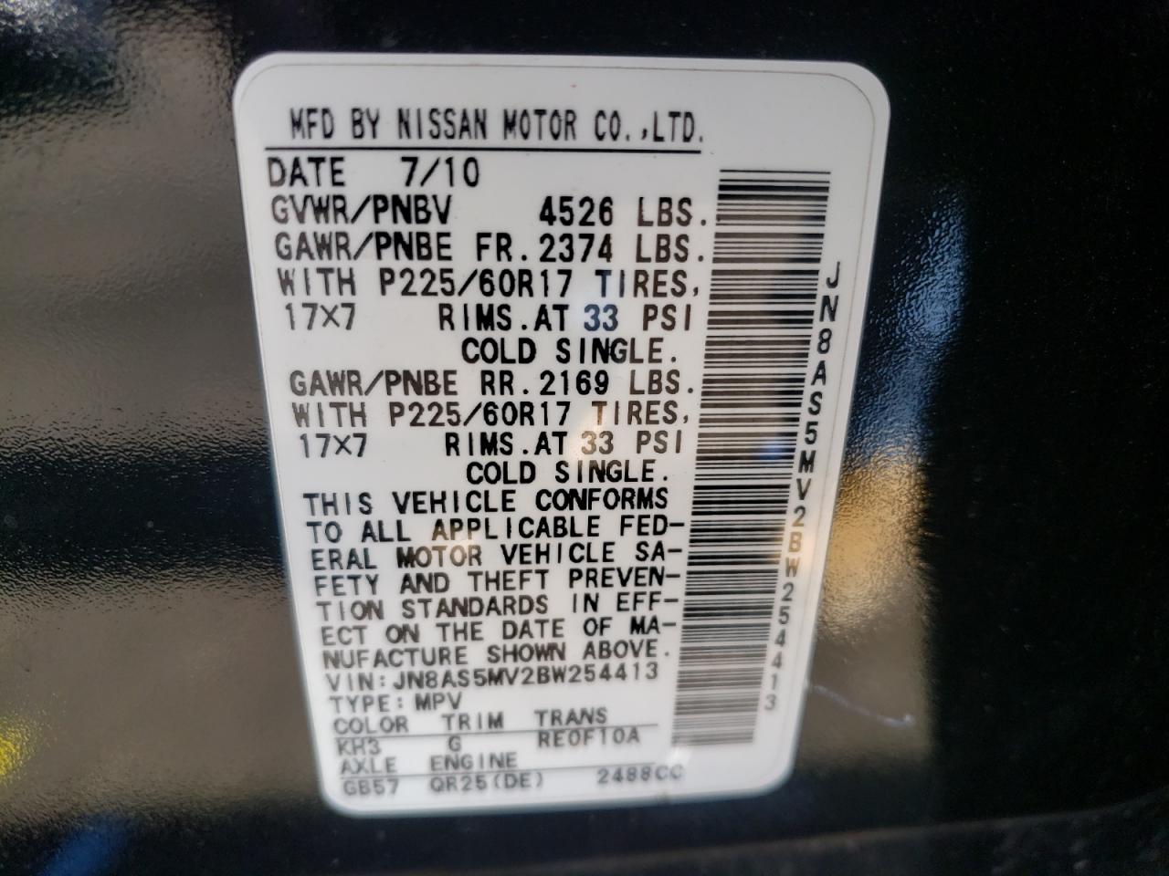 Photo 10 from auction – 2011 NISSAN ROGUE S with VIN JN8AS5MV2BW254413