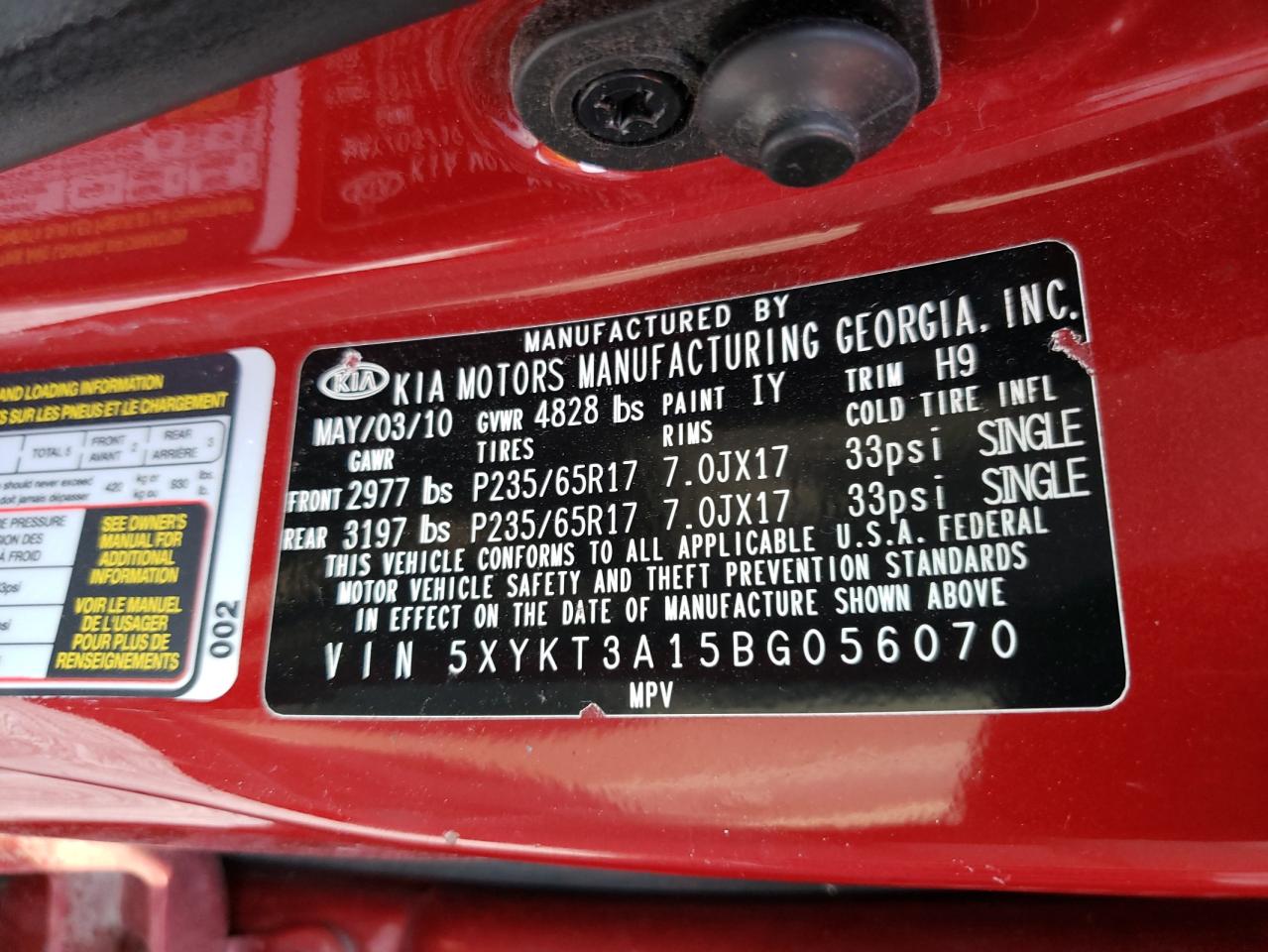 Photo 10 from auction – 2011 KIA SORENTO BA with VIN 5XYKT3A15BG056070