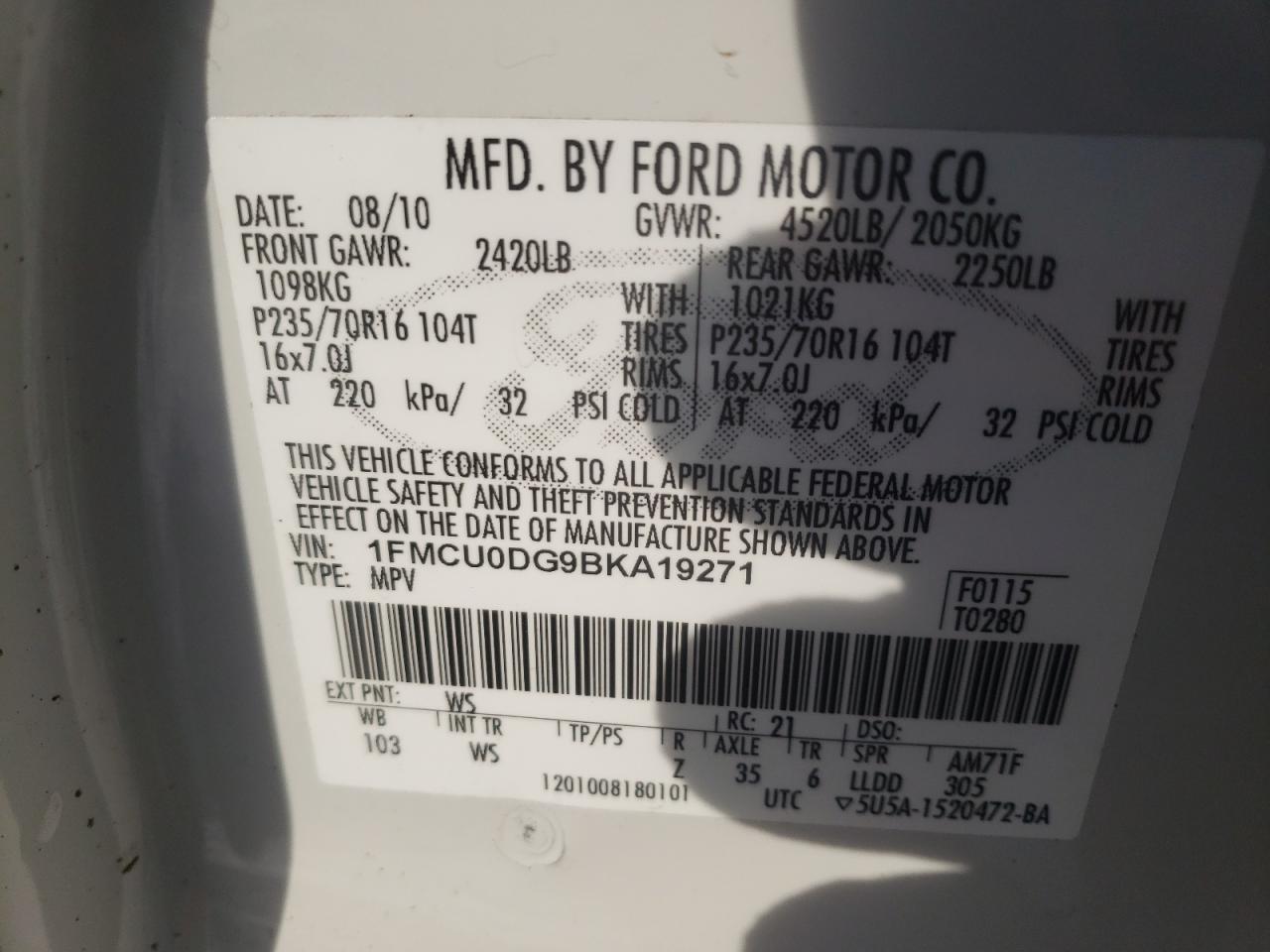 Photo 10 from auction – 2011 FORD ESCAPE XLT with VIN 1FMCU0DG9BKA19271
