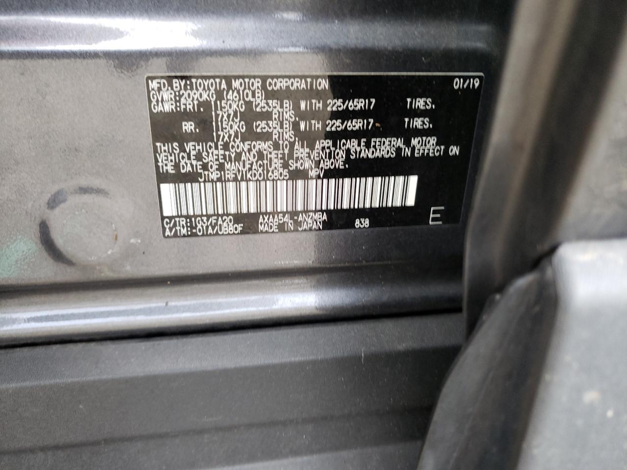 Photo 10 from auction – 2019 TOYOTA RAV4 XLE with VIN JTMP1RFV1KD016805
