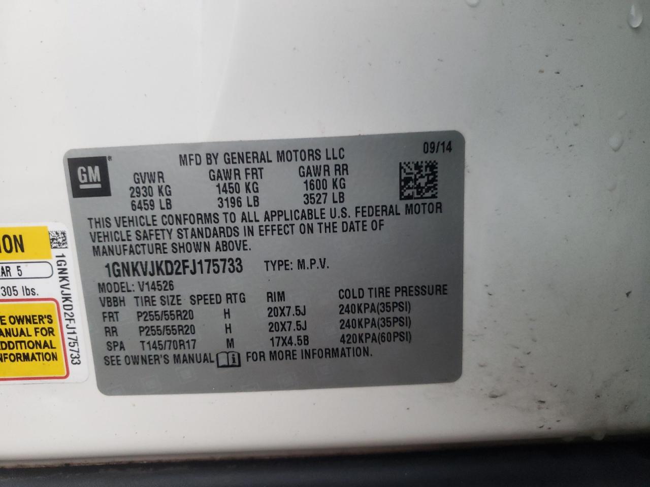 Photo 10 from auction – 2015 CHEVROLET TRAVERSE L with VIN 1GNKVJKD2FJ175733