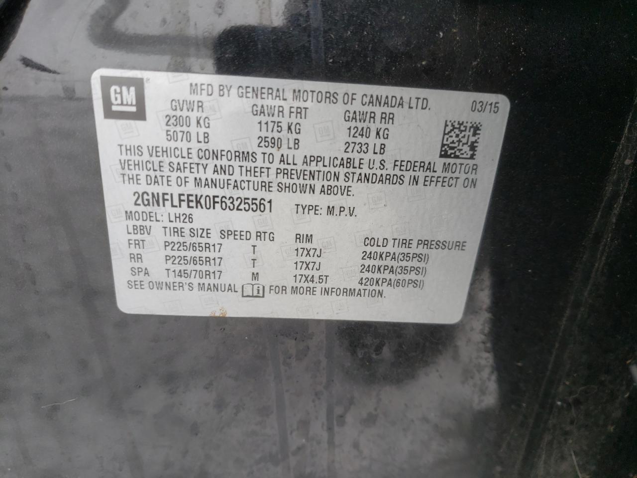 Photo 10 from auction – 2015 CHEVROLET EQUINOX LT with VIN 2GNFLFEK0F6325561