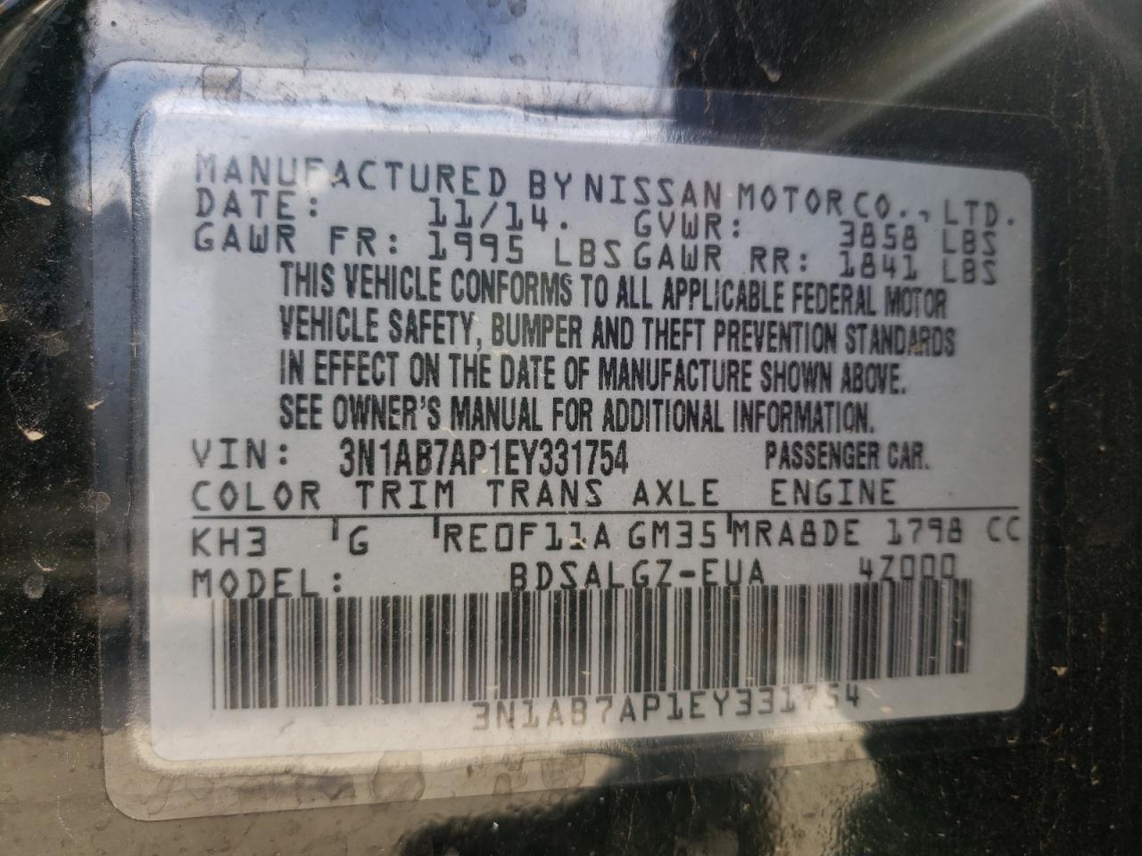 Photo 10 from auction – 2014 NISSAN SENTRA S with VIN 3N1AB7AP1EY331754