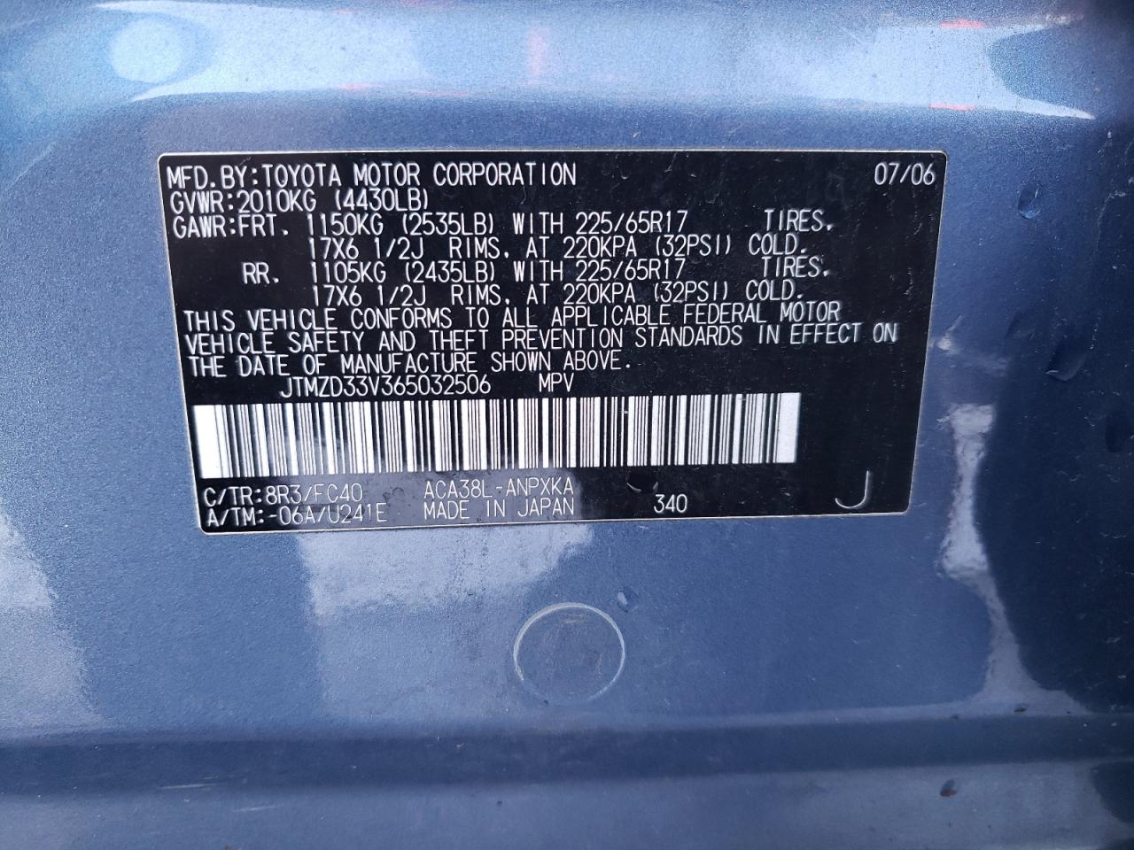 Photo 10 from auction – 2006 TOYOTA RAV4 with VIN JTMZD33V365032506