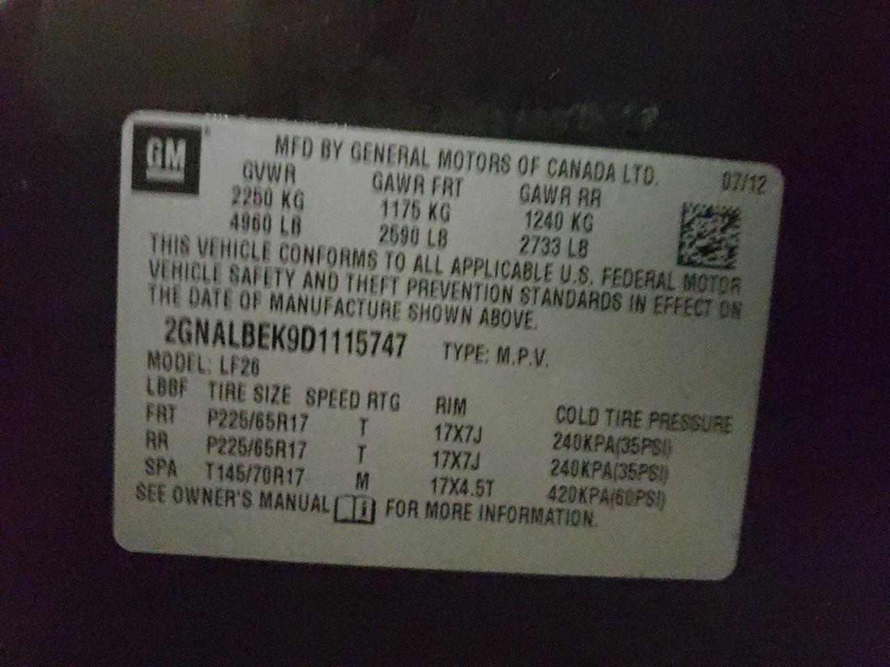 Photo 10 from auction – 2013 CHEVROLET EQUINOX LS with VIN 2GNALBEK9D1115747