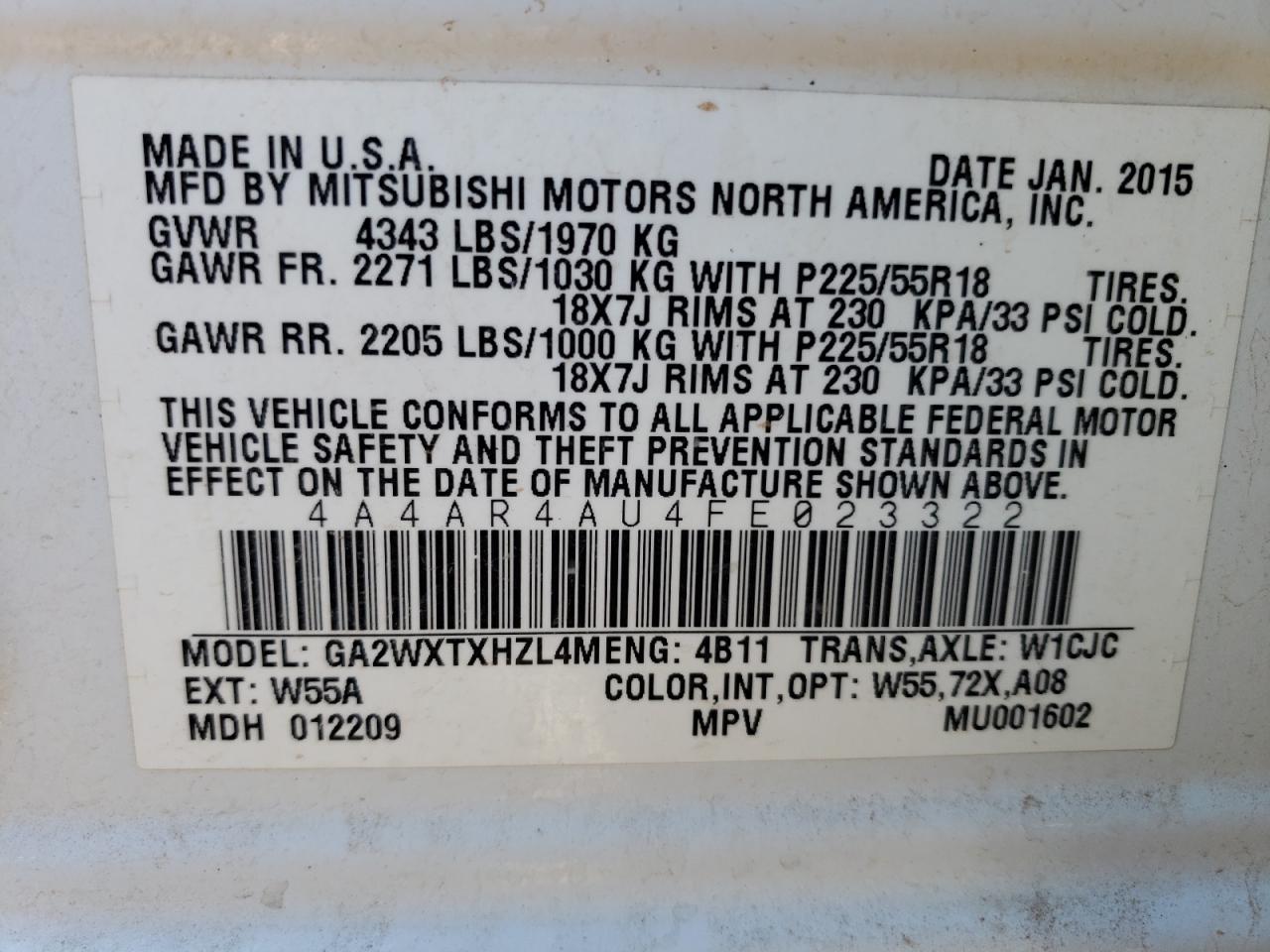 Photo 10 from auction – 2015 MITSUBISHI OUTLANDER with VIN 4A4AR4AU4FE023322