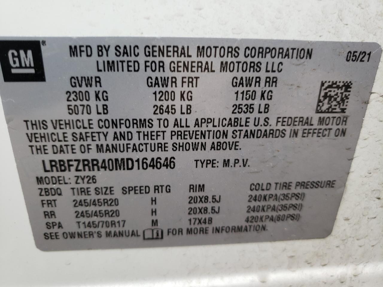 Photo 10 from auction – 2021 BUICK ENVISION A with VIN LRBFZRR40MD164646