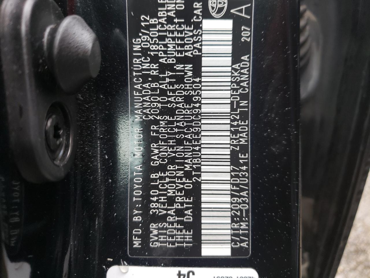 Photo 10 from auction – 2013 TOYOTA COROLLA BA with VIN 2T1BU4EE9DC949504