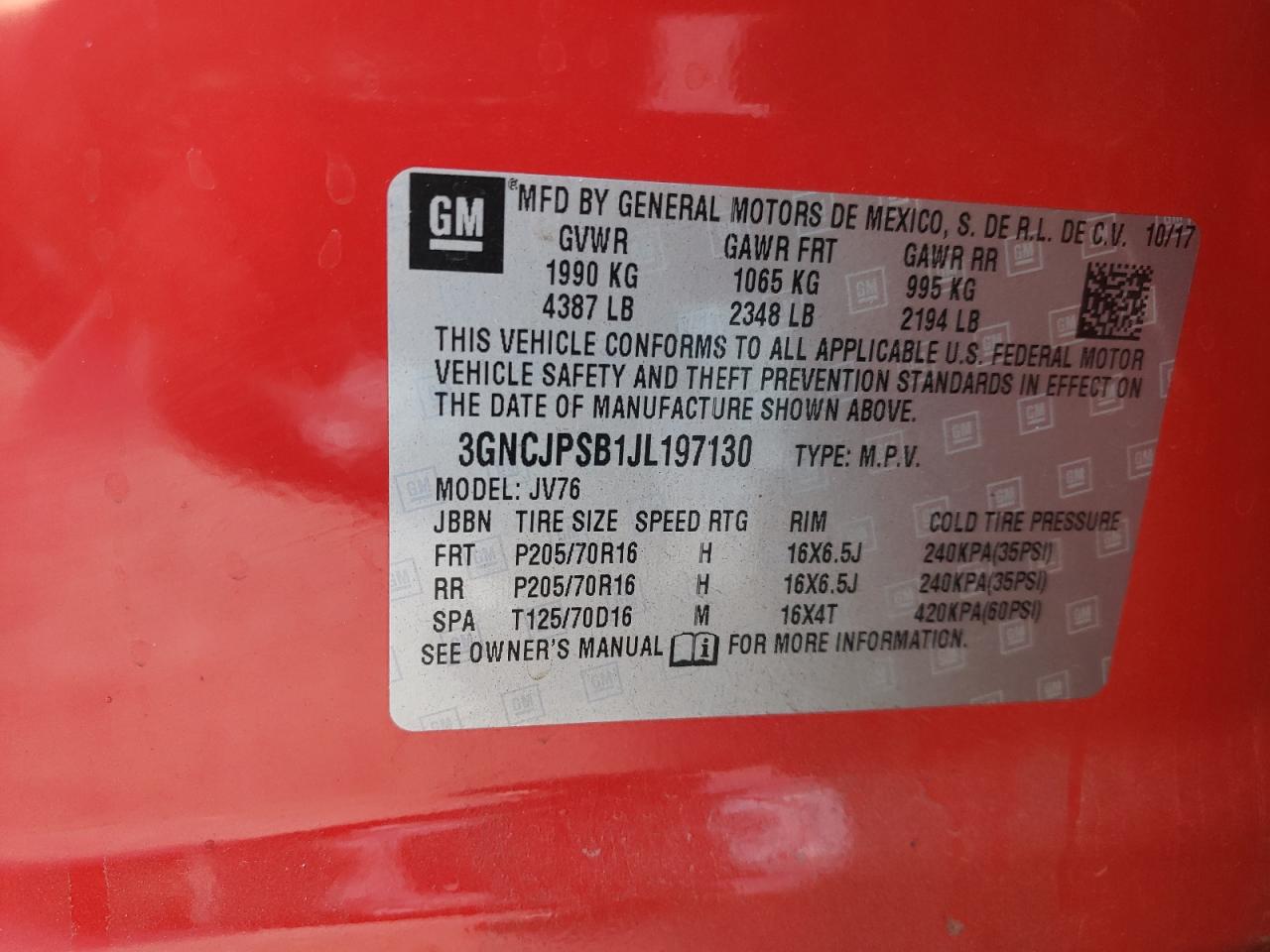 Photo 10 from auction – 2018 CHEVROLET TRAX 1LT with VIN 3GNCJPSB1JL197130