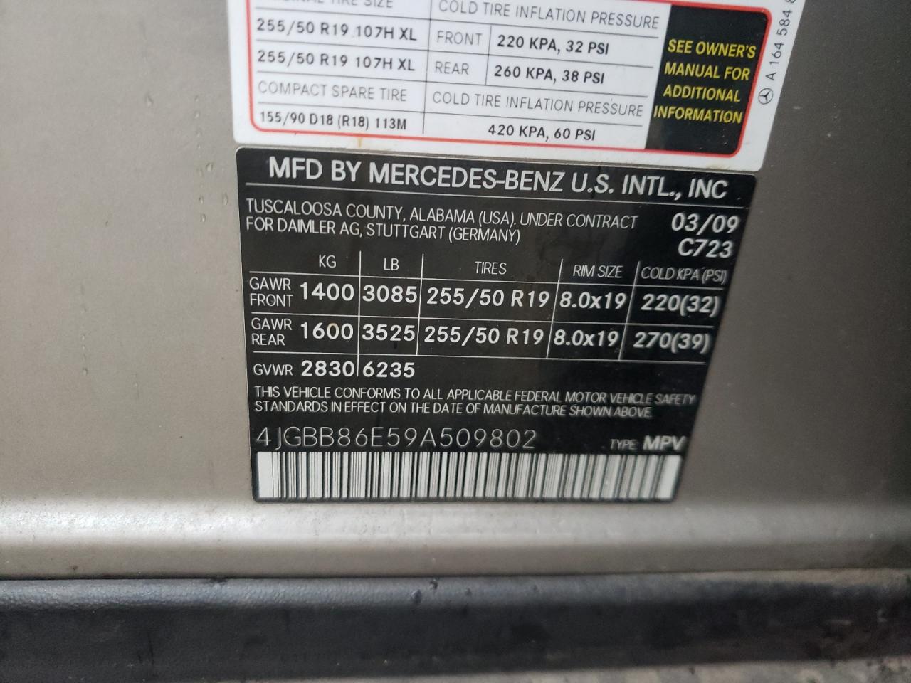 Photo 10 from auction – 2009 MERCEDES-BENZ ML 350 with VIN 4JGBB86E59A509802