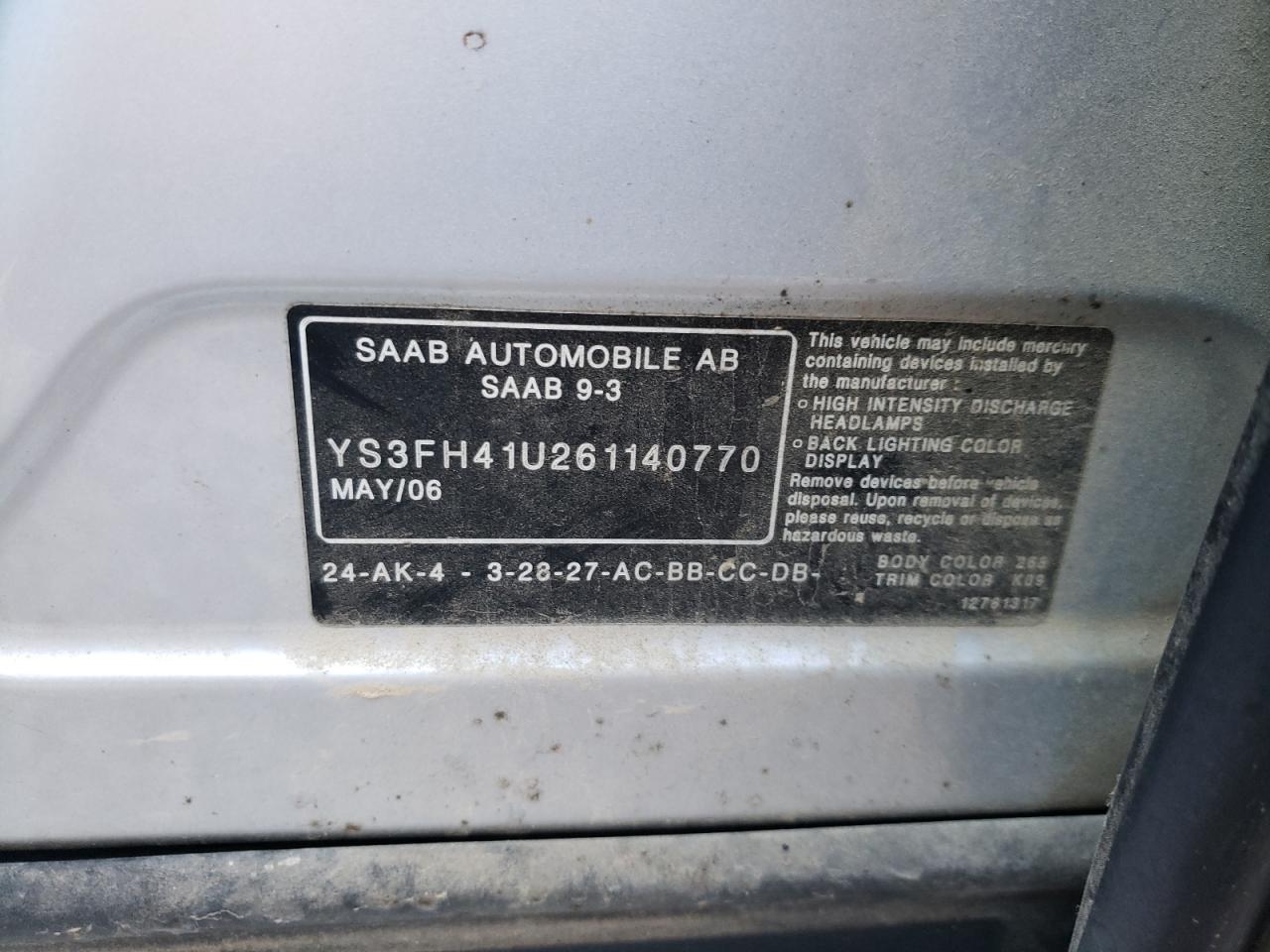 Photo 10 from auction – 2006 SAAB 9-3 AERO with VIN YS3FH41U261140770