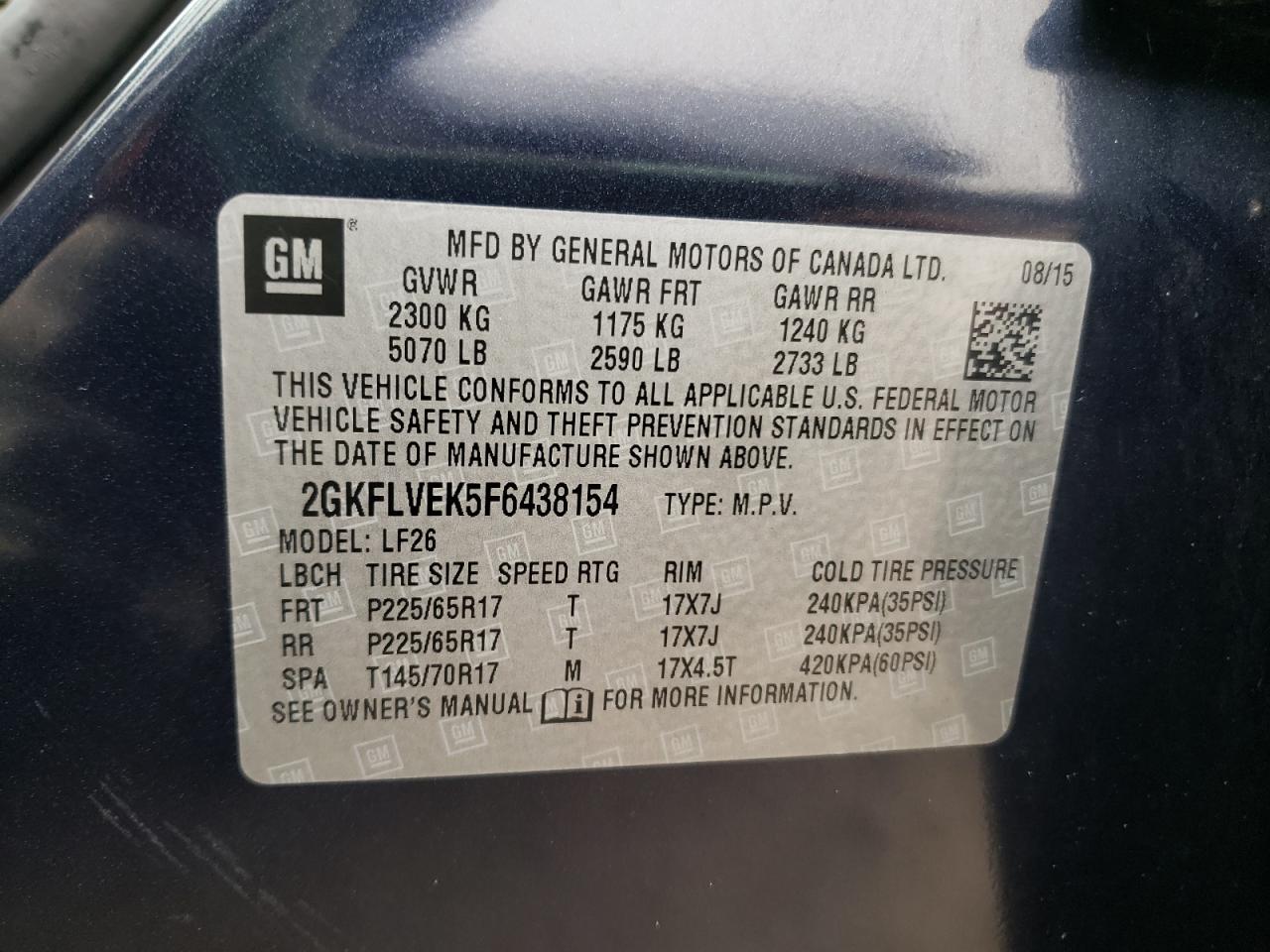 Photo 10 from auction – 2015 GMC TERRAIN SL with VIN 2GKFLVEK5F6438154