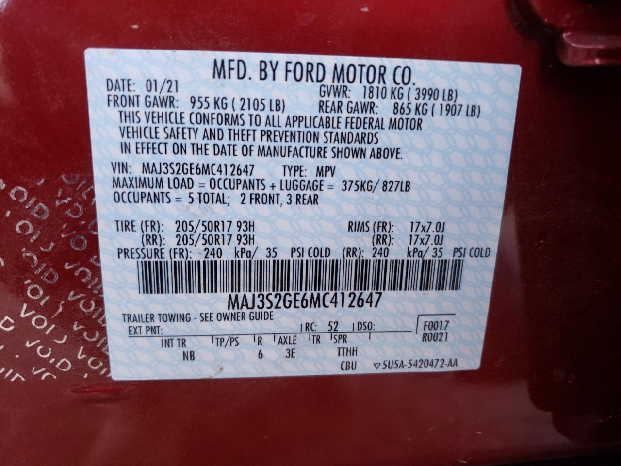 Photo 10 from auction – 2021 FORD ECOSPORT S with VIN MAJ3S2GE6MC412647