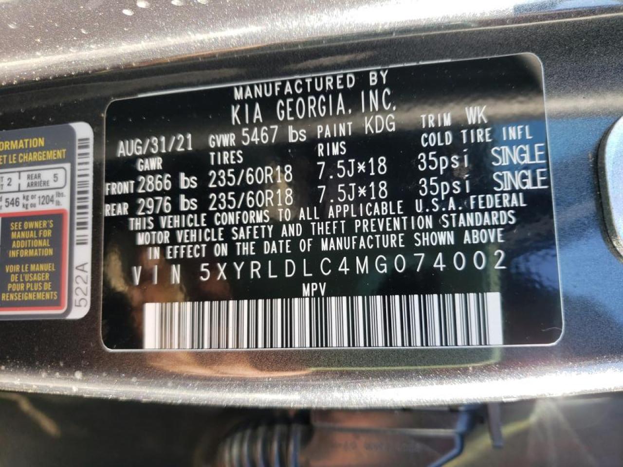 Photo 10 from auction – 2021 KIA SORENTO S with VIN 5XYRLDLC4MG074002