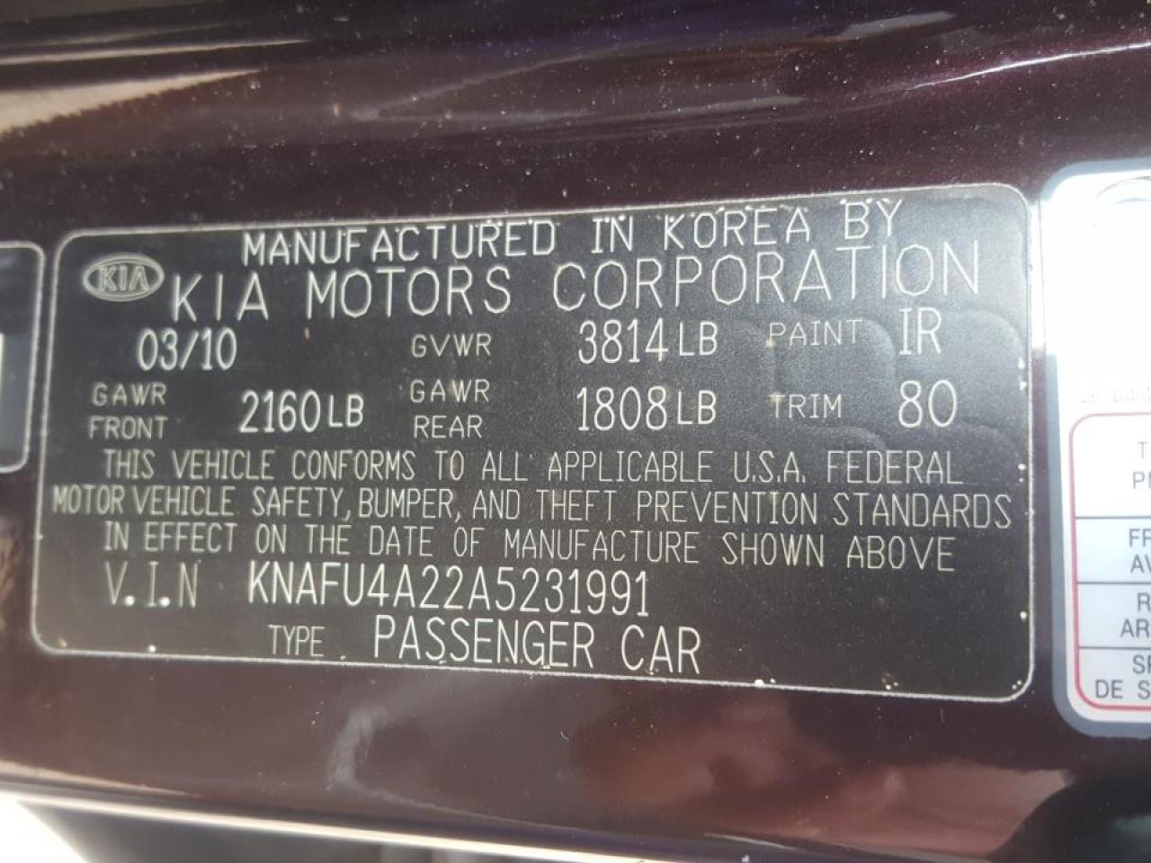 Photo 10 from auction – 2010 KIA FORTE EX with VIN KNAFU4A22A5231991